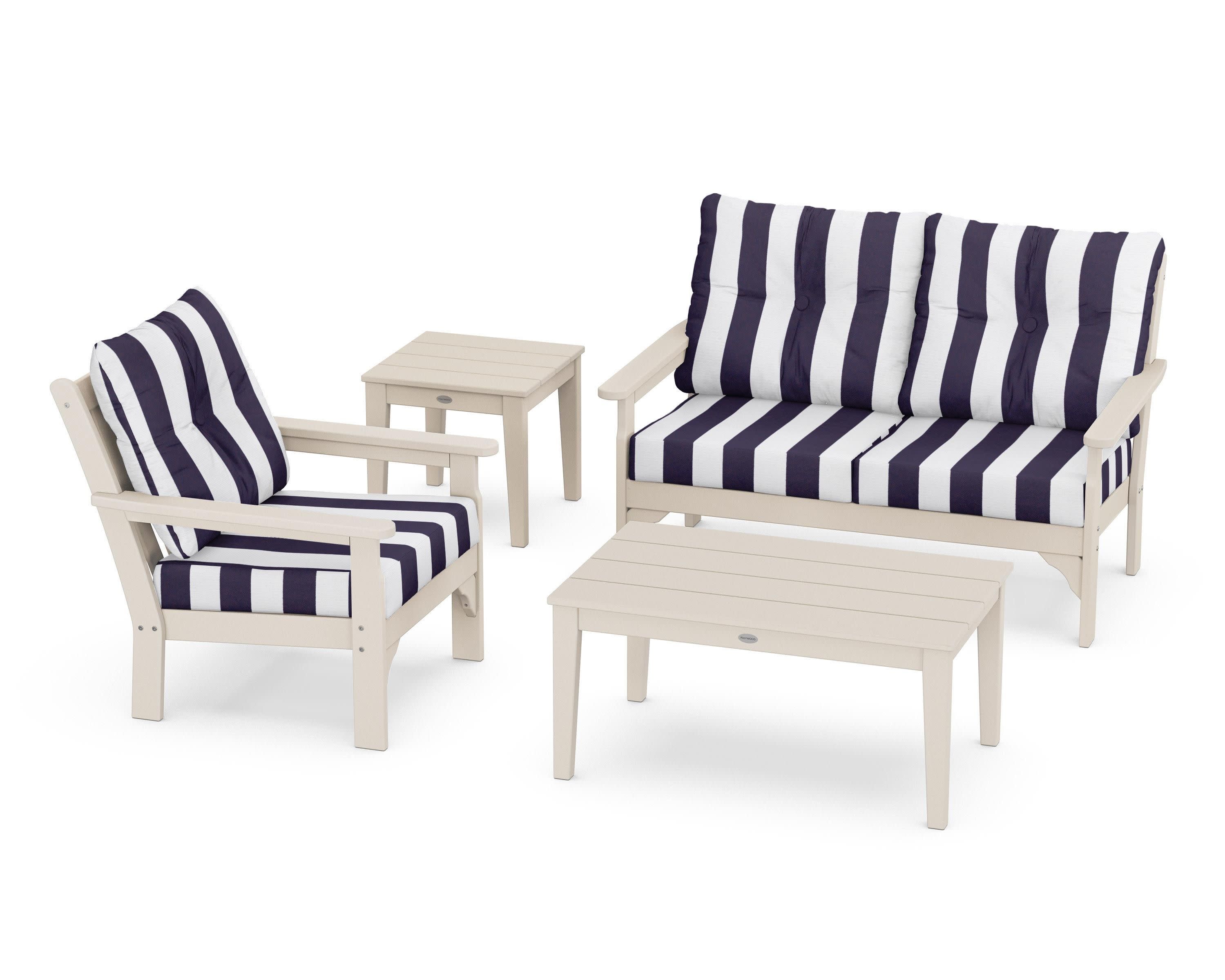 Vineyard 4-Piece Deep Seating Set in Sand / Cabana Stripe Navy