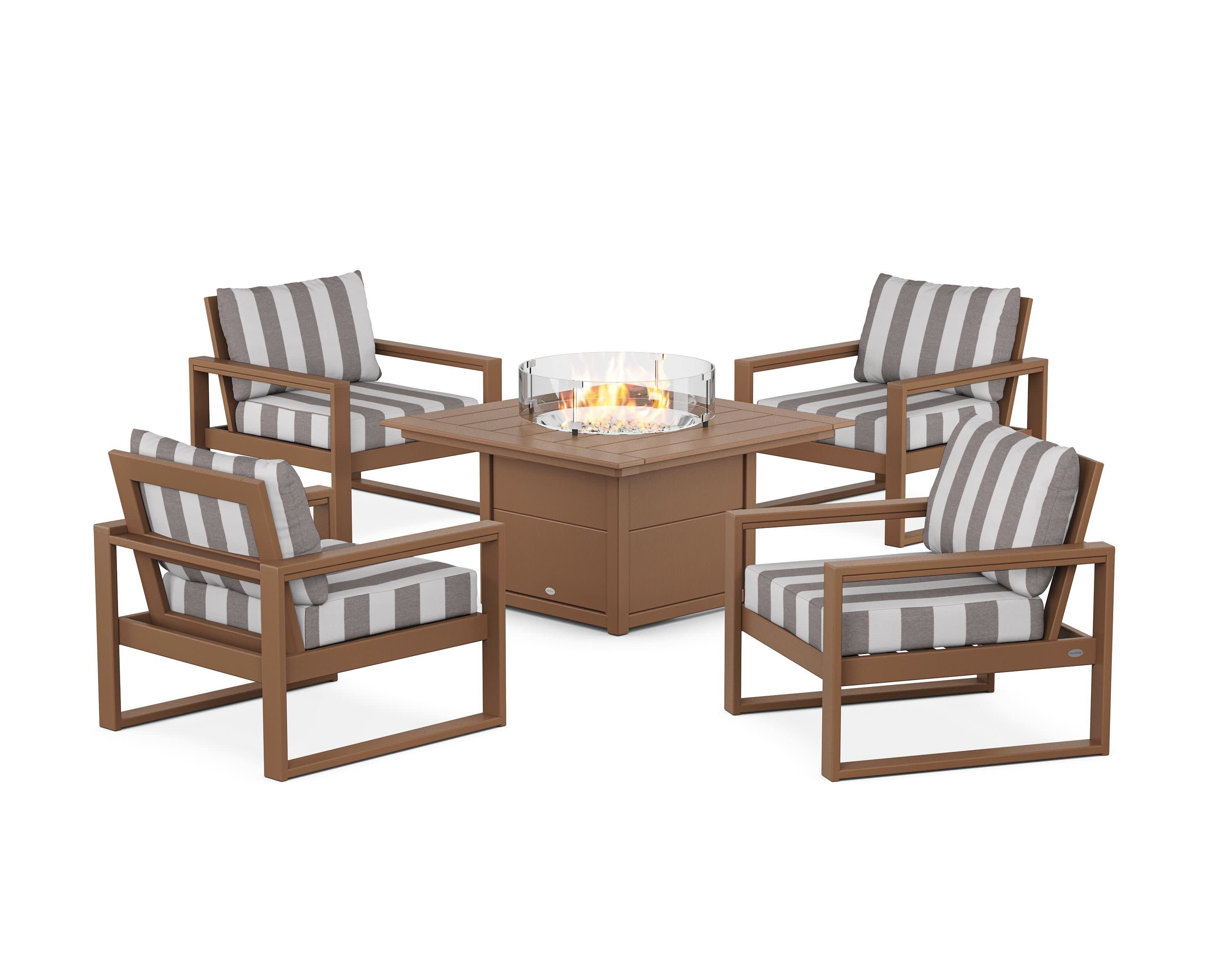 EDGE Sectional 5-Piece Deep Seating Set with Fire Pit Table in Teak / Cabana Stripe Grey Mist