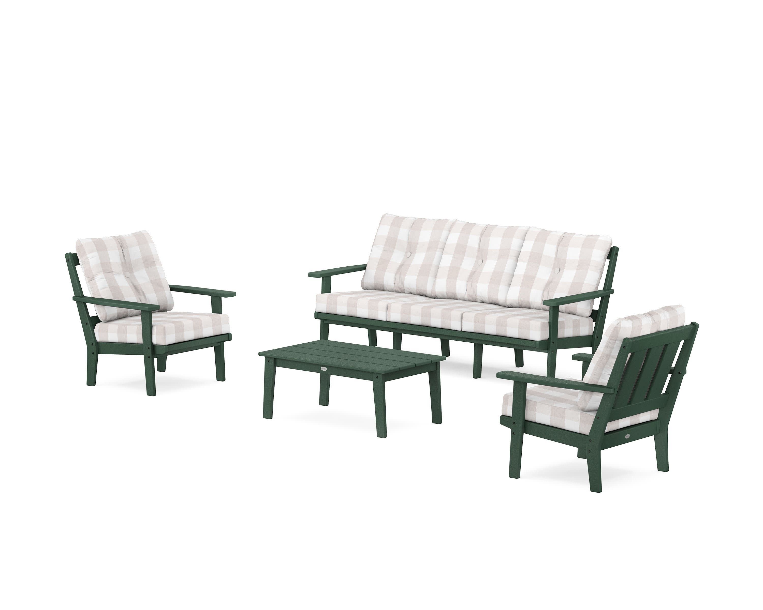 Oxford 4-Piece Deep Seating Set with Sofa in Green / Buffalo Plaid Dune Burlap