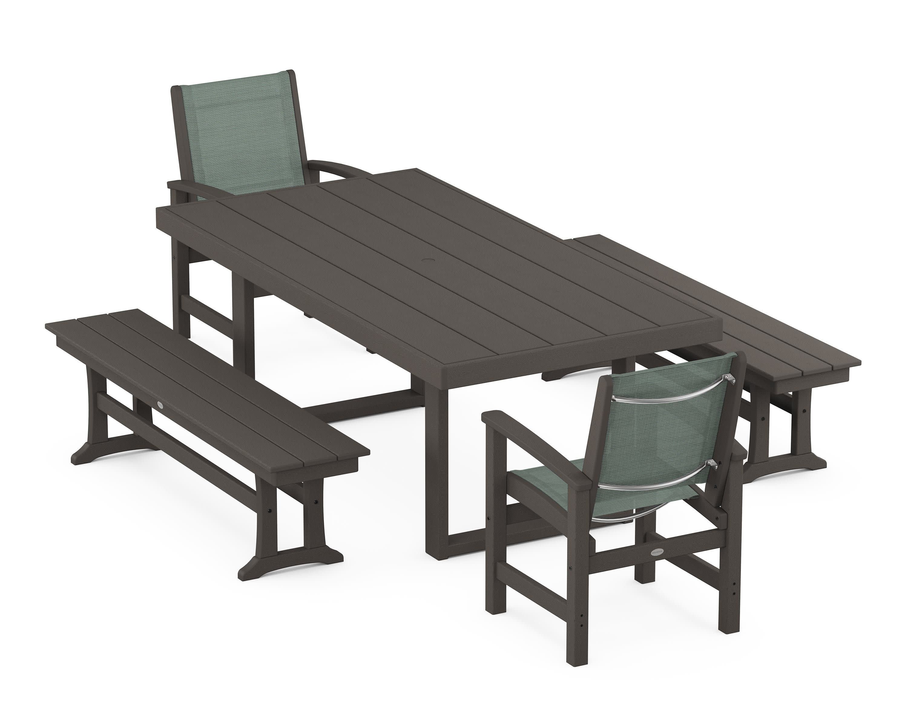 Coastal 5-Piece Dining Set with Trestle Legs in Vintage Coffee / Dupioni Sea Mist Sling