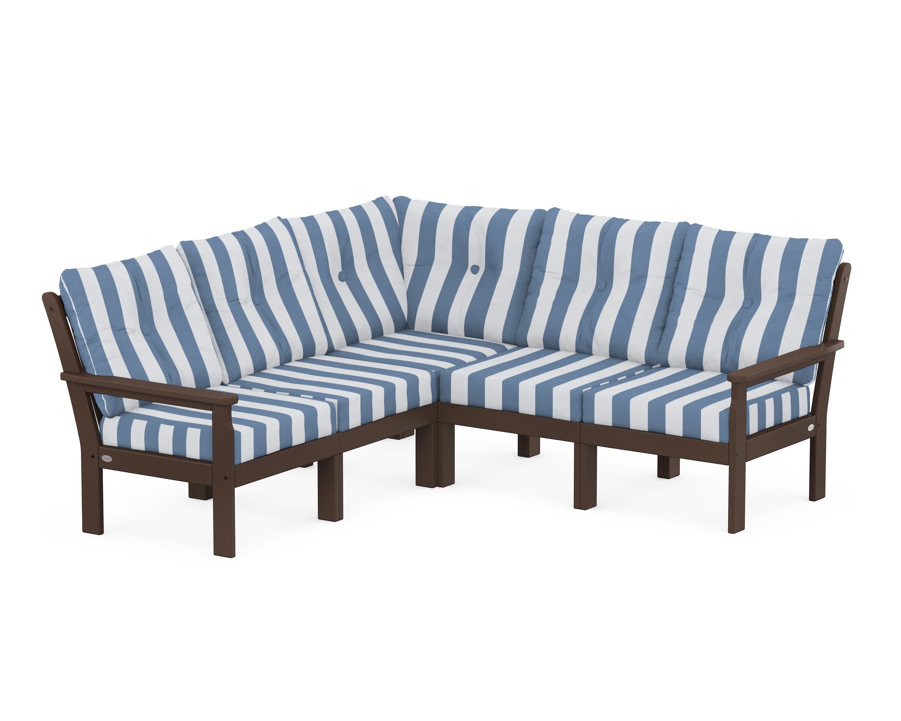 Vineyard 5-Piece Sectional in Mahogany / Cabana Stripe Sky Blue