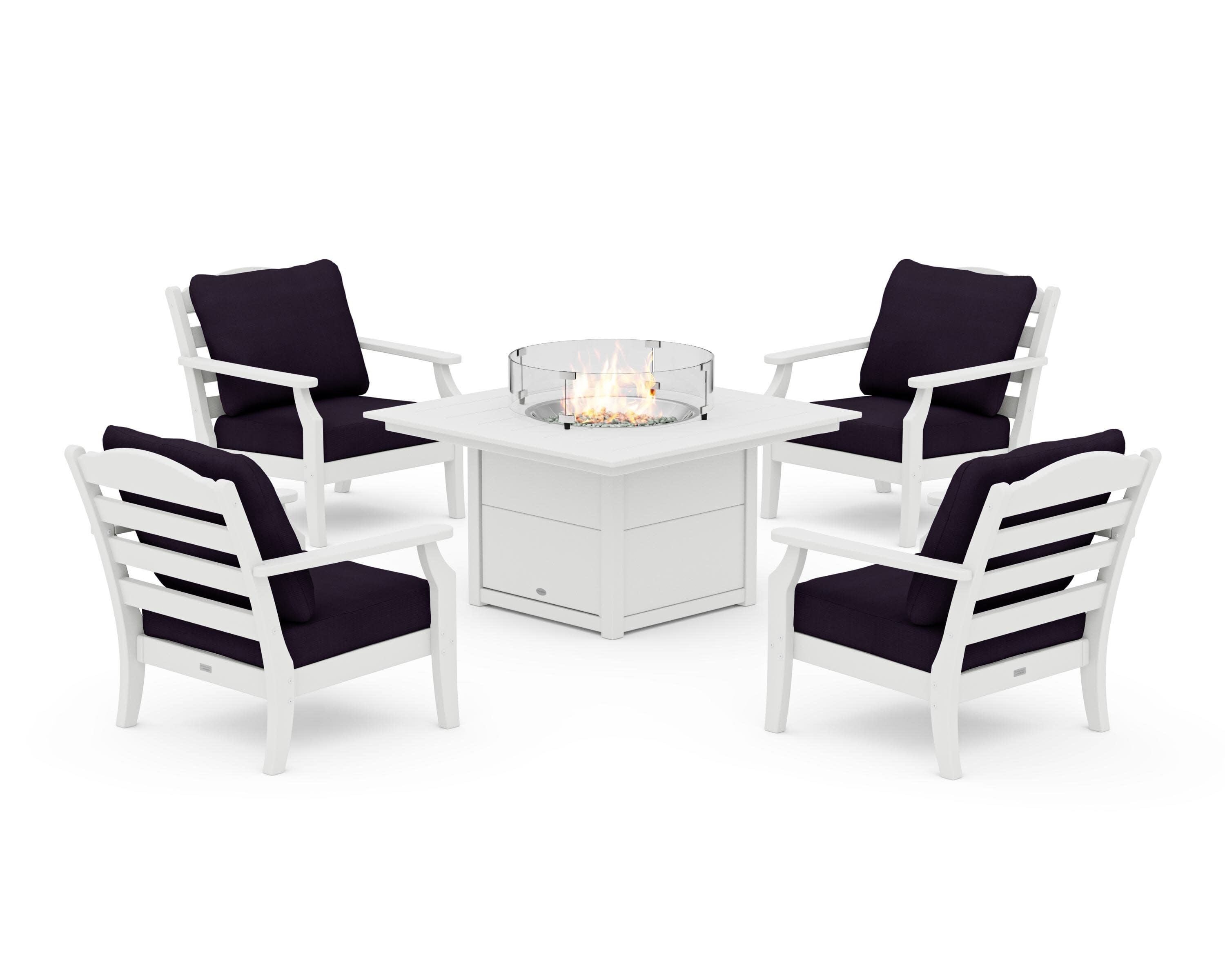 Savannah 5-Piece Deep Seating Set with Fire Pit Table in White / Navy Linen