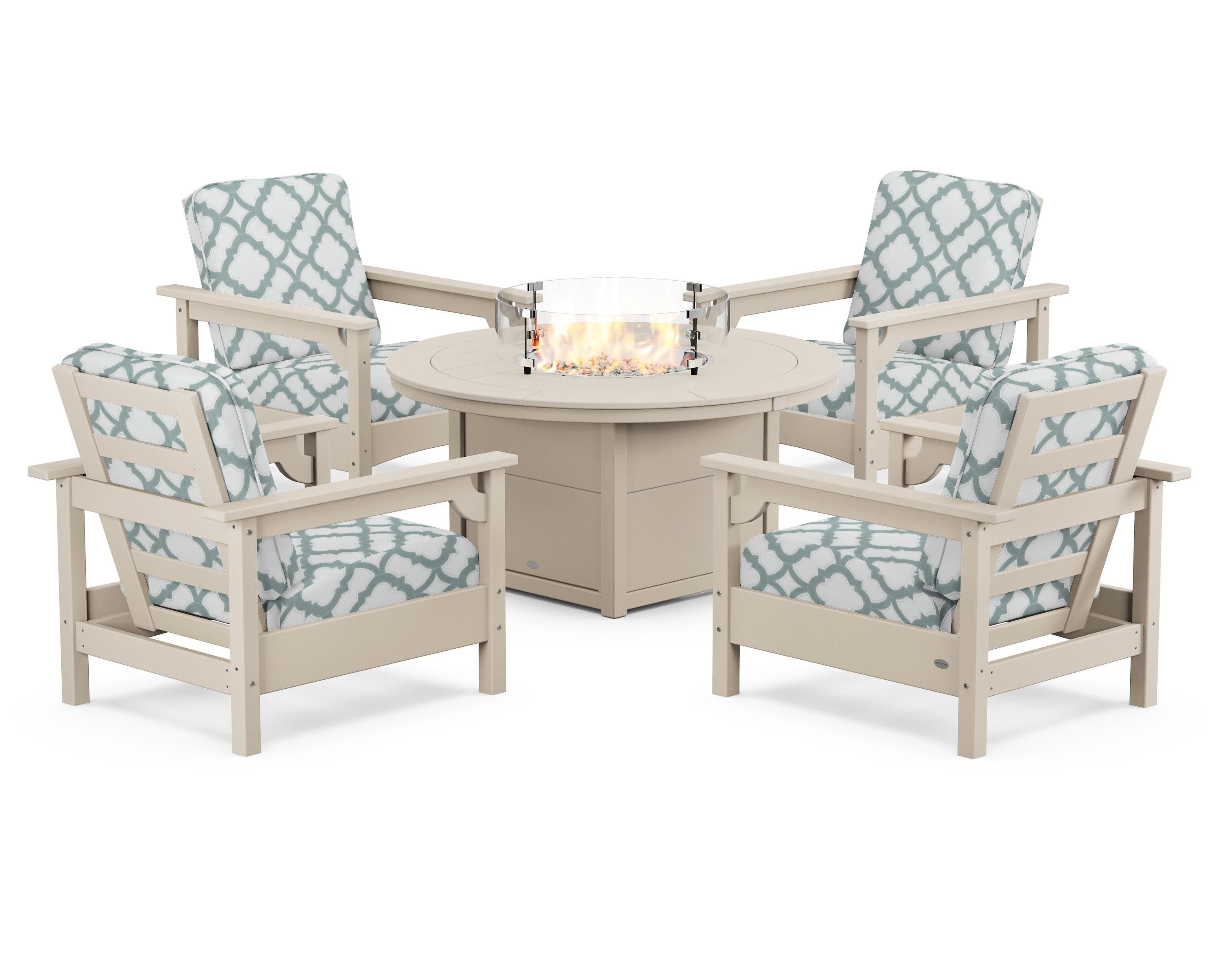 Club 5-Piece Conversation Set with Fire Pit Table in Sand / Trellis Glacier Spa