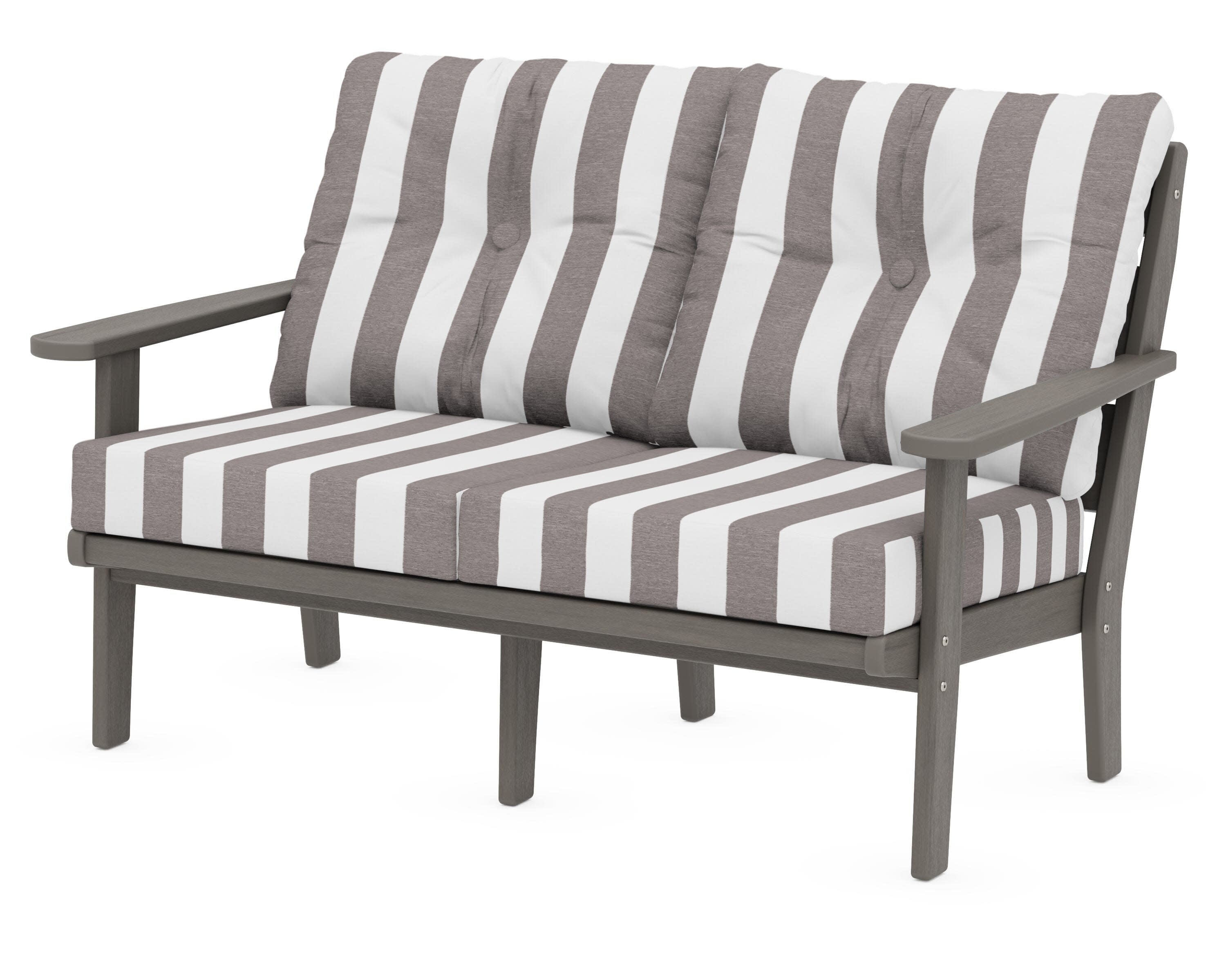 Lakeside Deep Seating Loveseat in Driftwood / Cabana Stripe Grey Mist