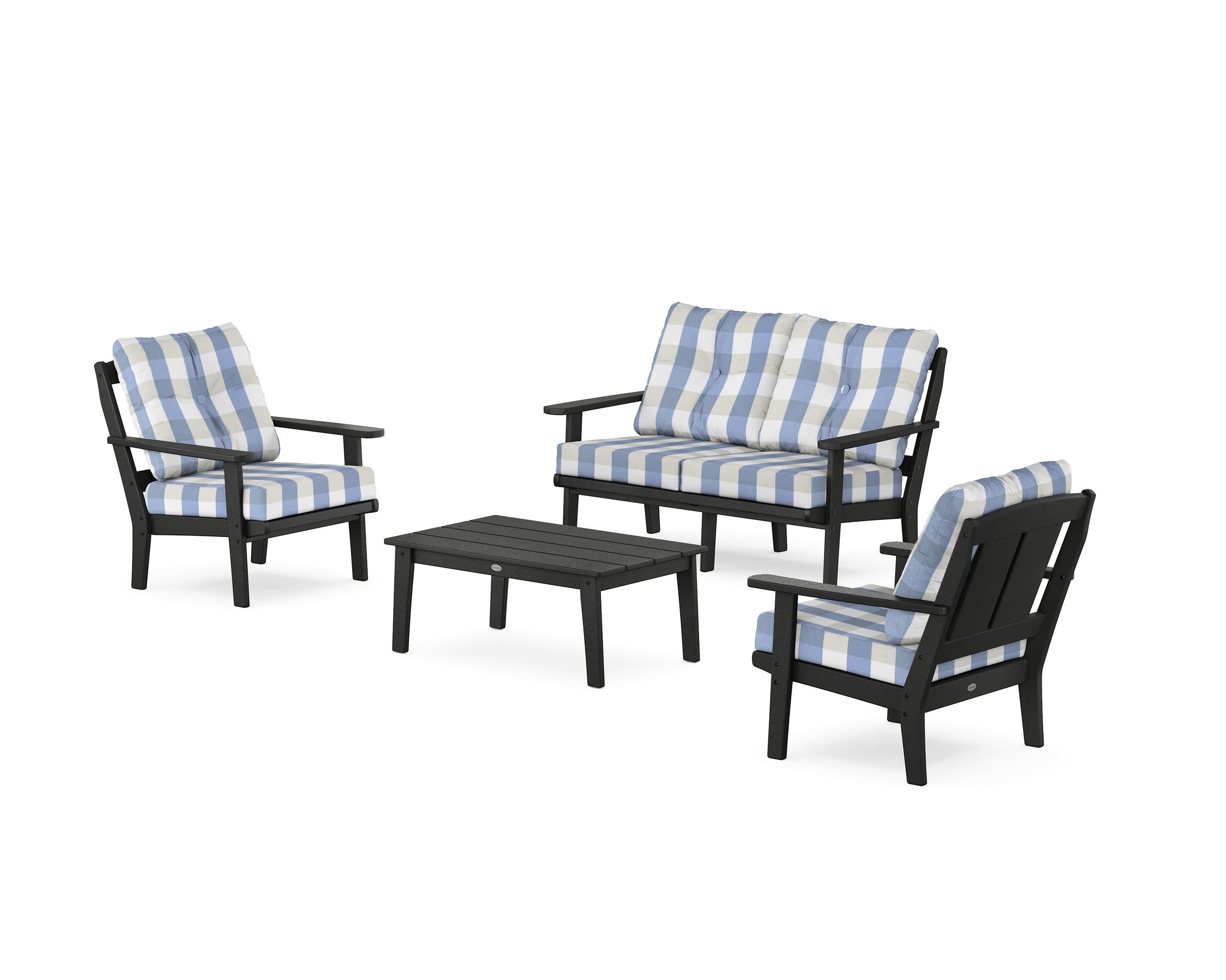 Mission 4-Piece Deep Seating Set with Loveseat in Black / Buffalo Plaid Sky Blue