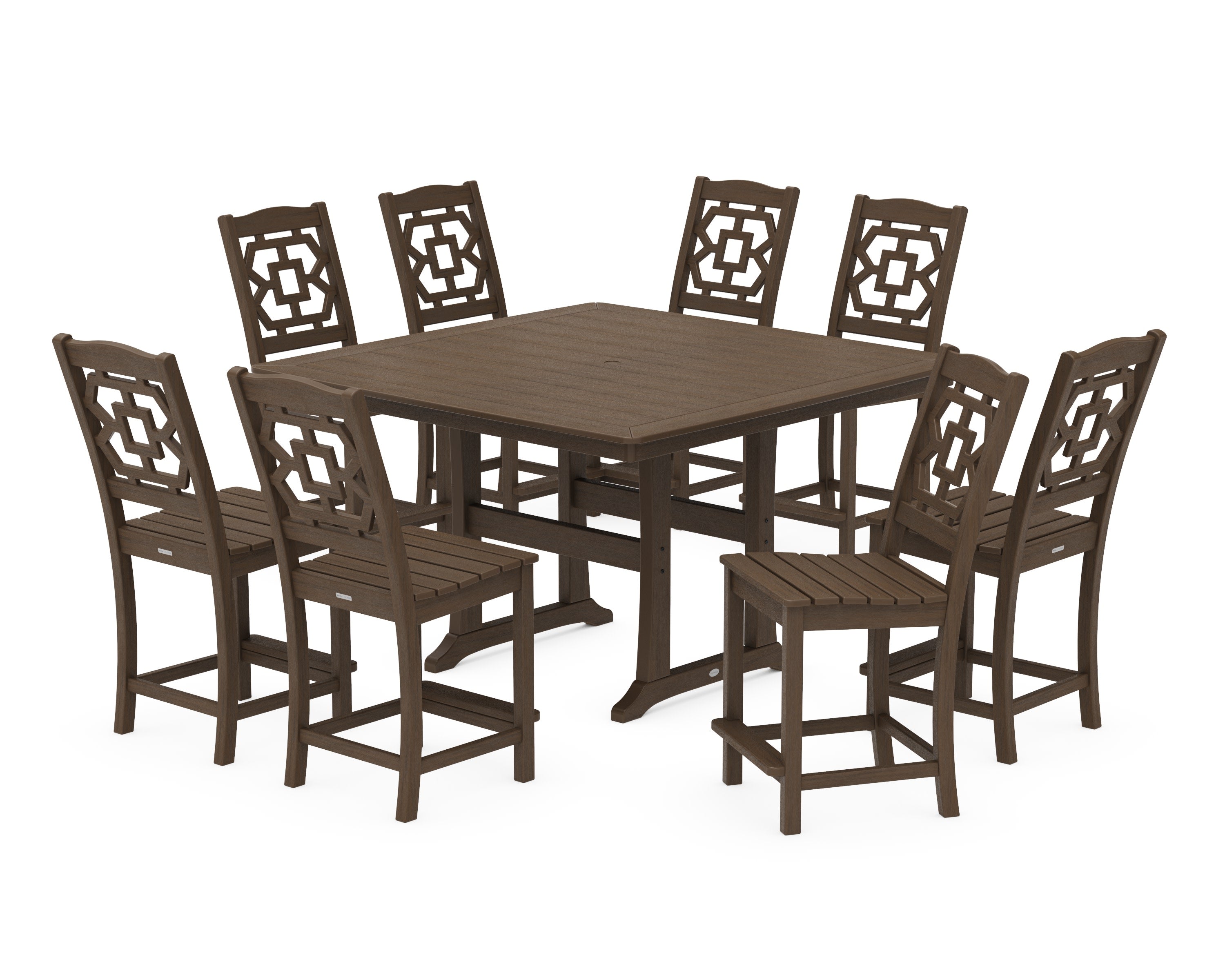 Chinoiserie 9-Piece Square Side Chair Counter Set with Trestle Legs in Kona