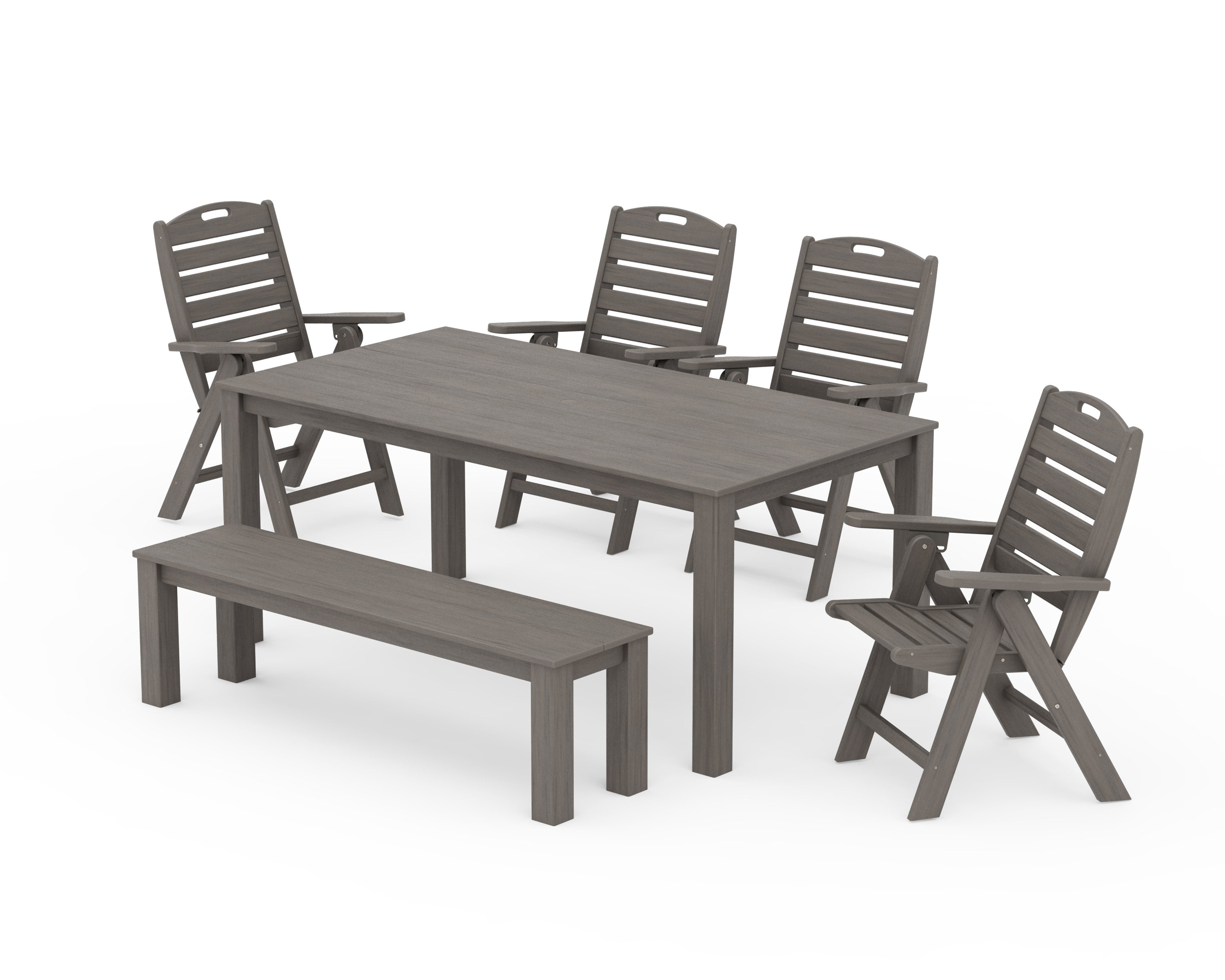 Nautical Folding Highback Chair 6-Piece Parsons Dining Set with Bench in Driftwood