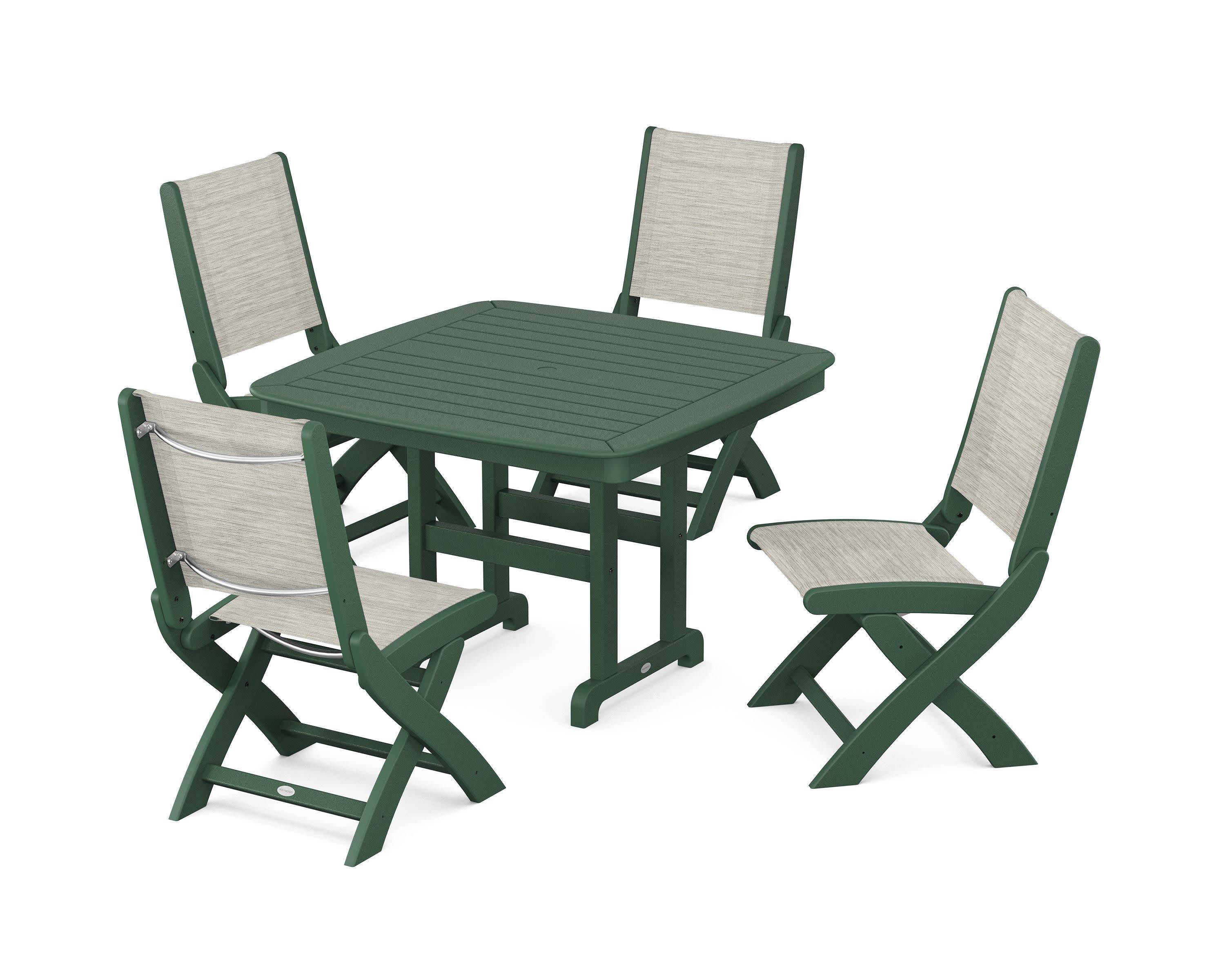 Coastal Folding Side Chair 5-Piece Dining Set in Green / Birch Sling