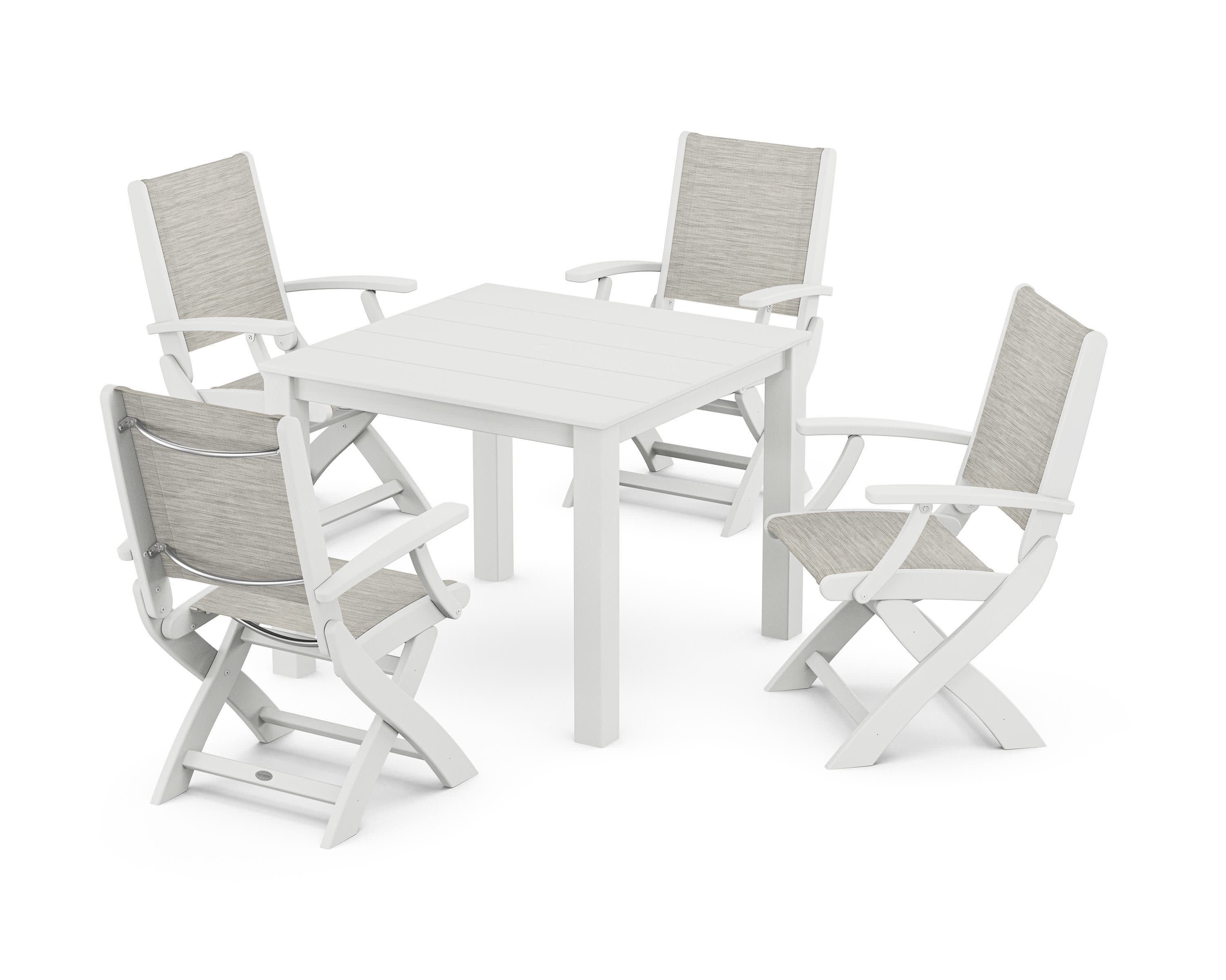 Coastal Folding Chair 5-Piece Parsons Dining Set in White / Birch Sling