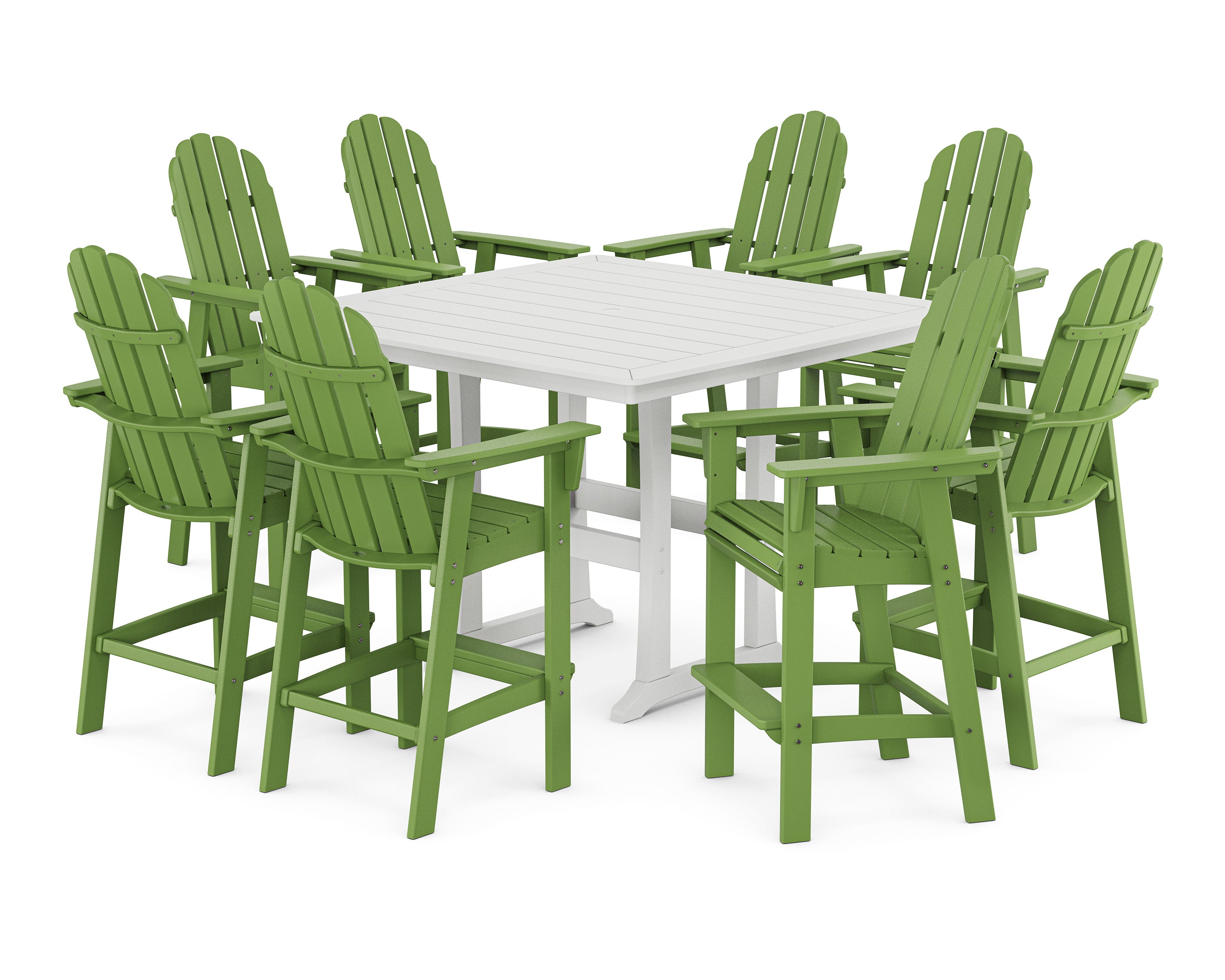 Vineyard Curveback Adirondack 9-Piece Trestle Bar Set in Lime / White