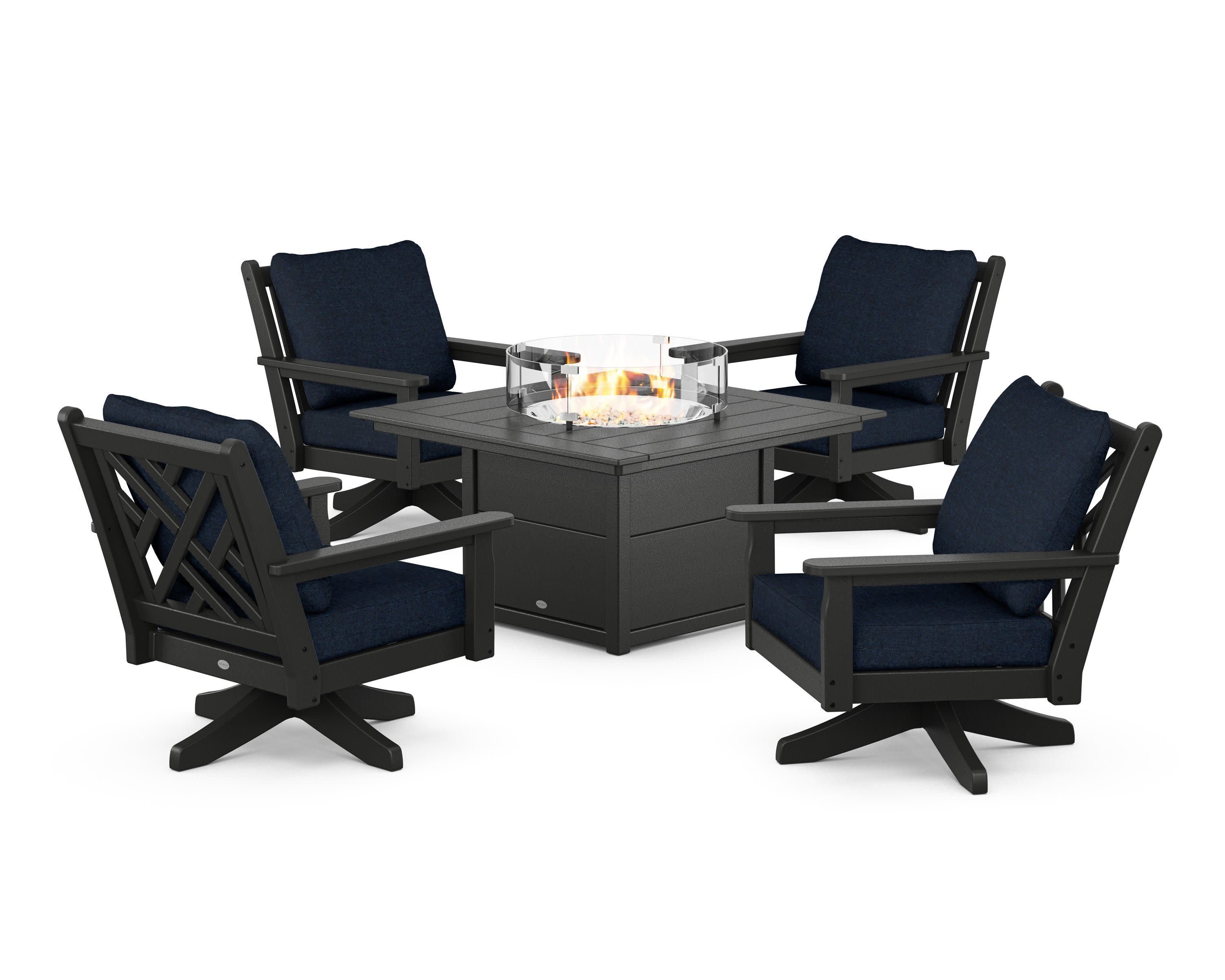 Chippendale 5-Piece Deep Seating Swivel Conversation Set with Fire Pit Table in Black / Marine Indigo