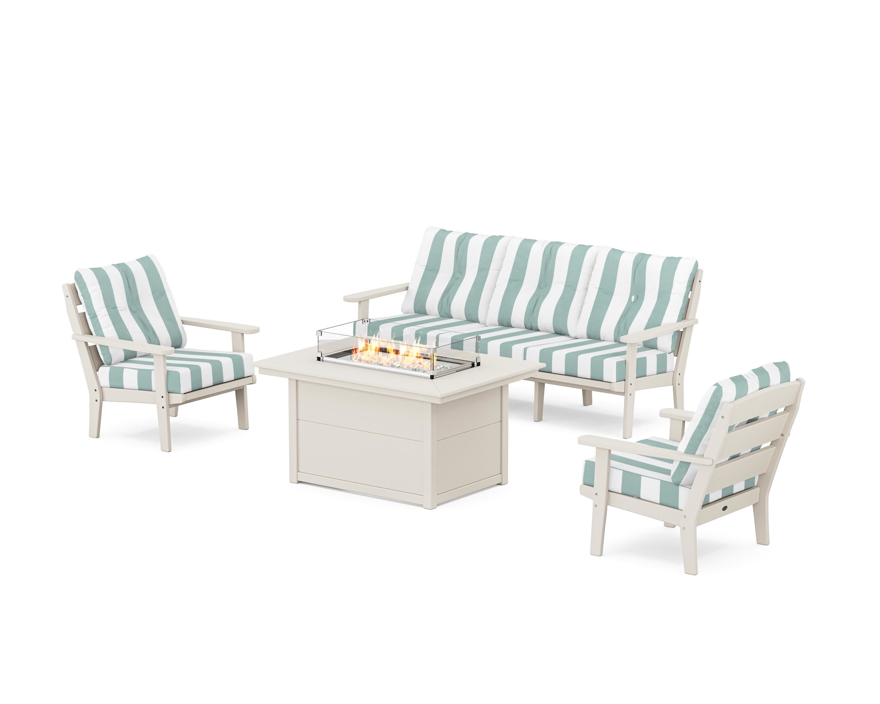 Lakeside Deep Seating Fire Pit Table Set in Sand / Cabana Stripe Glacier Spa