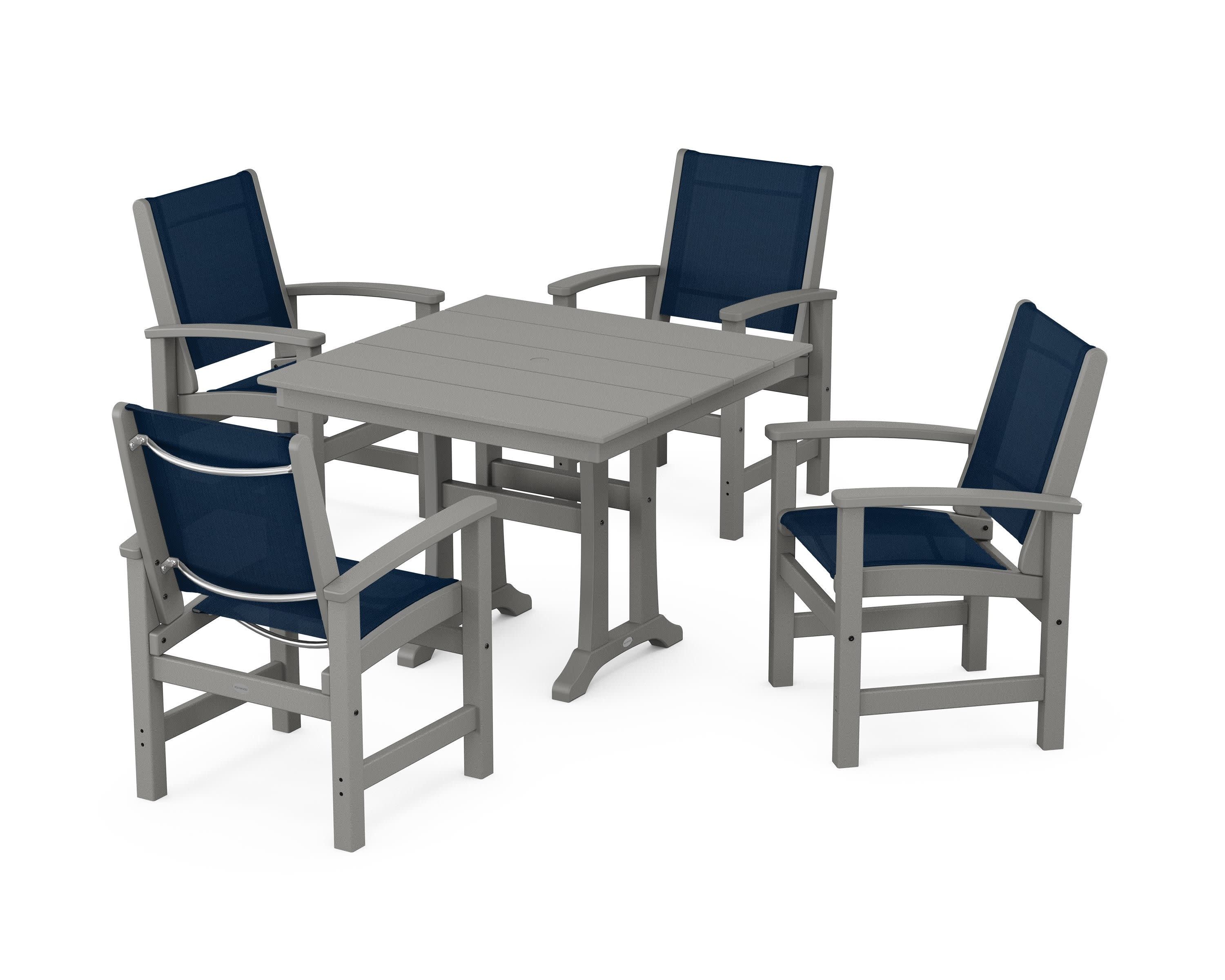 Coastal 5-Piece Farmhouse Dining Set With Trestle Legs in Slate Grey / Navy Blue Sling