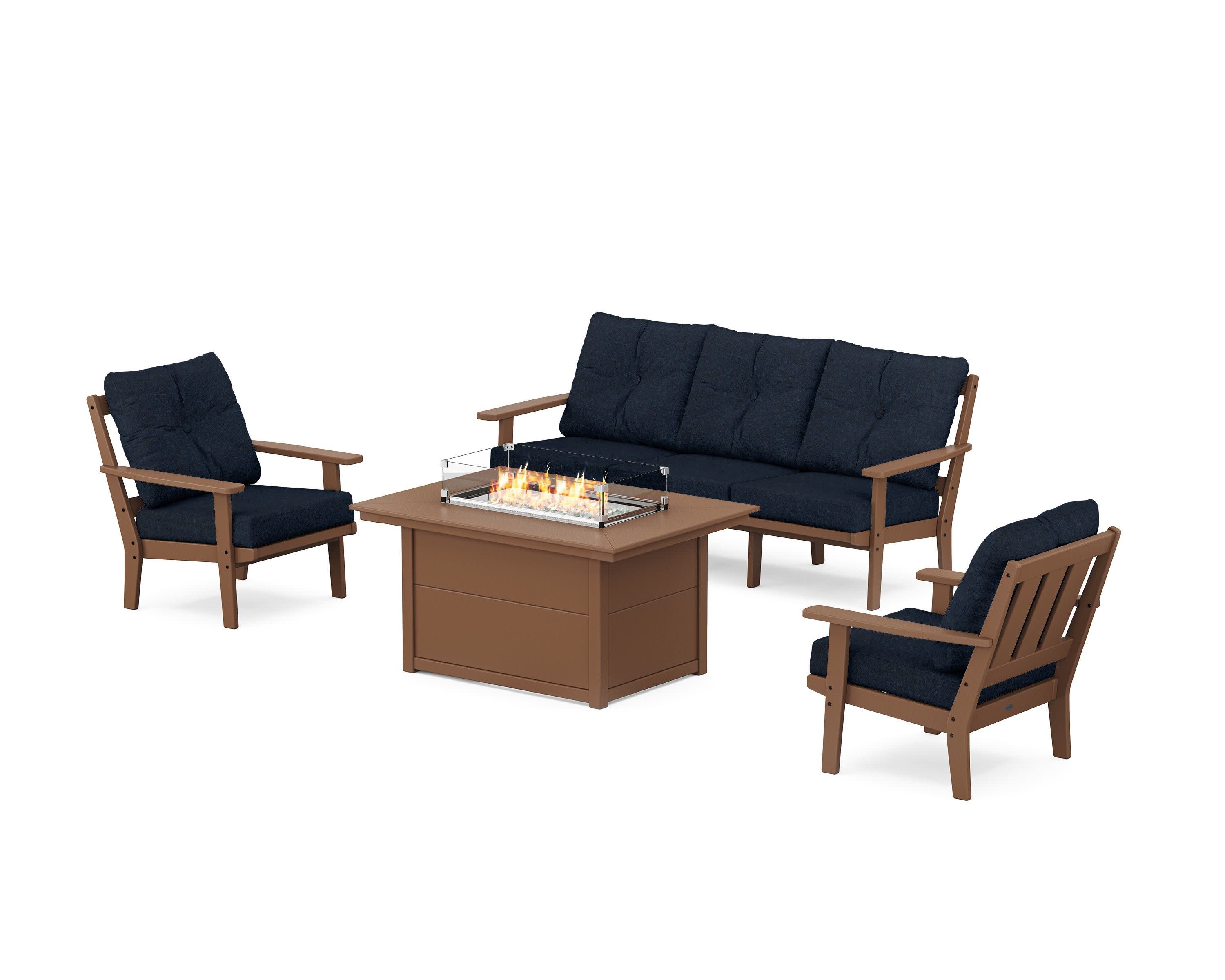 Oxford Deep Seating Fire Pit Table Set in Teak / Marine Indigo