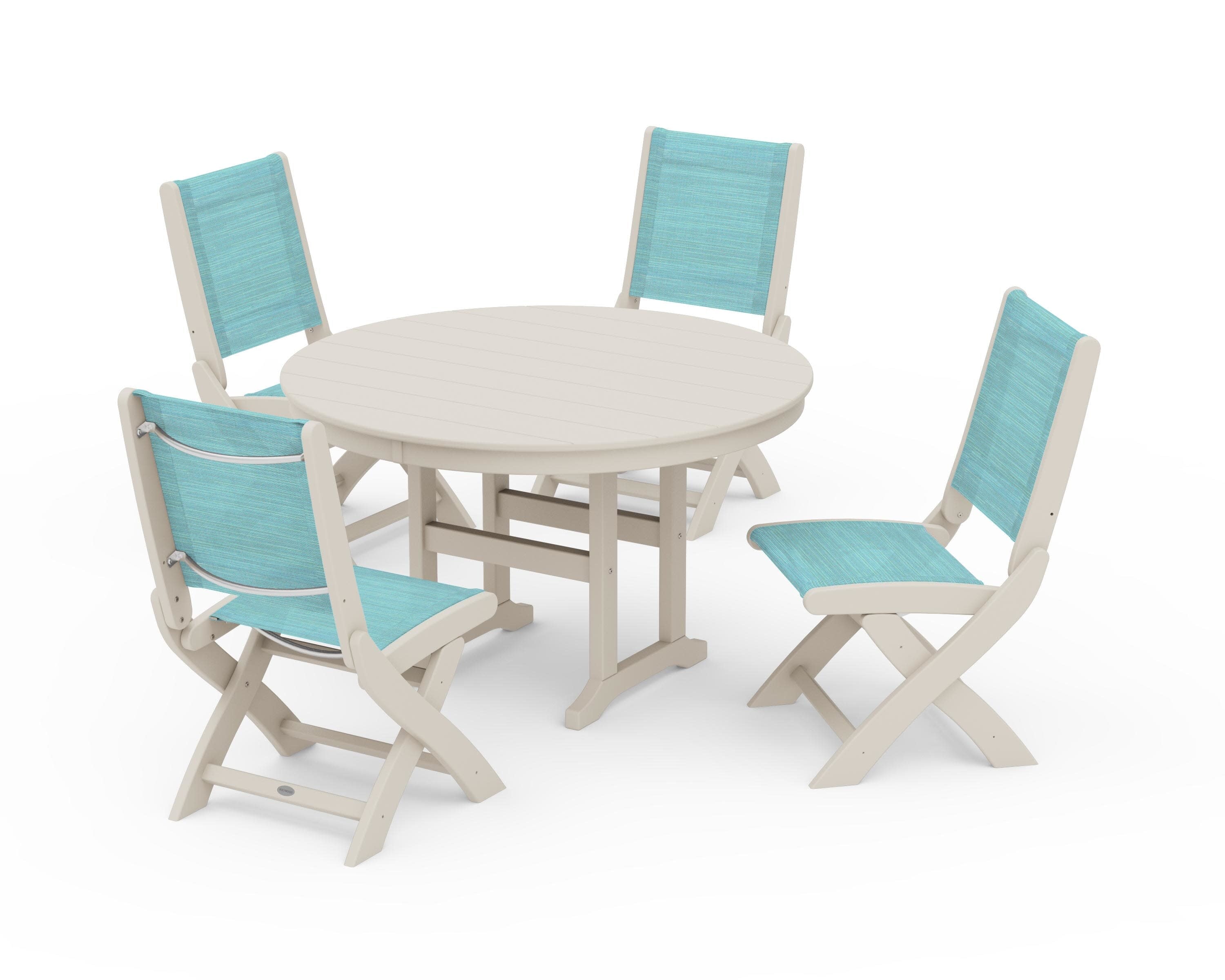 Coastal Folding Side Chair 5-Piece Round Dining Set in Sand / Dupioni Aquamarine Sling