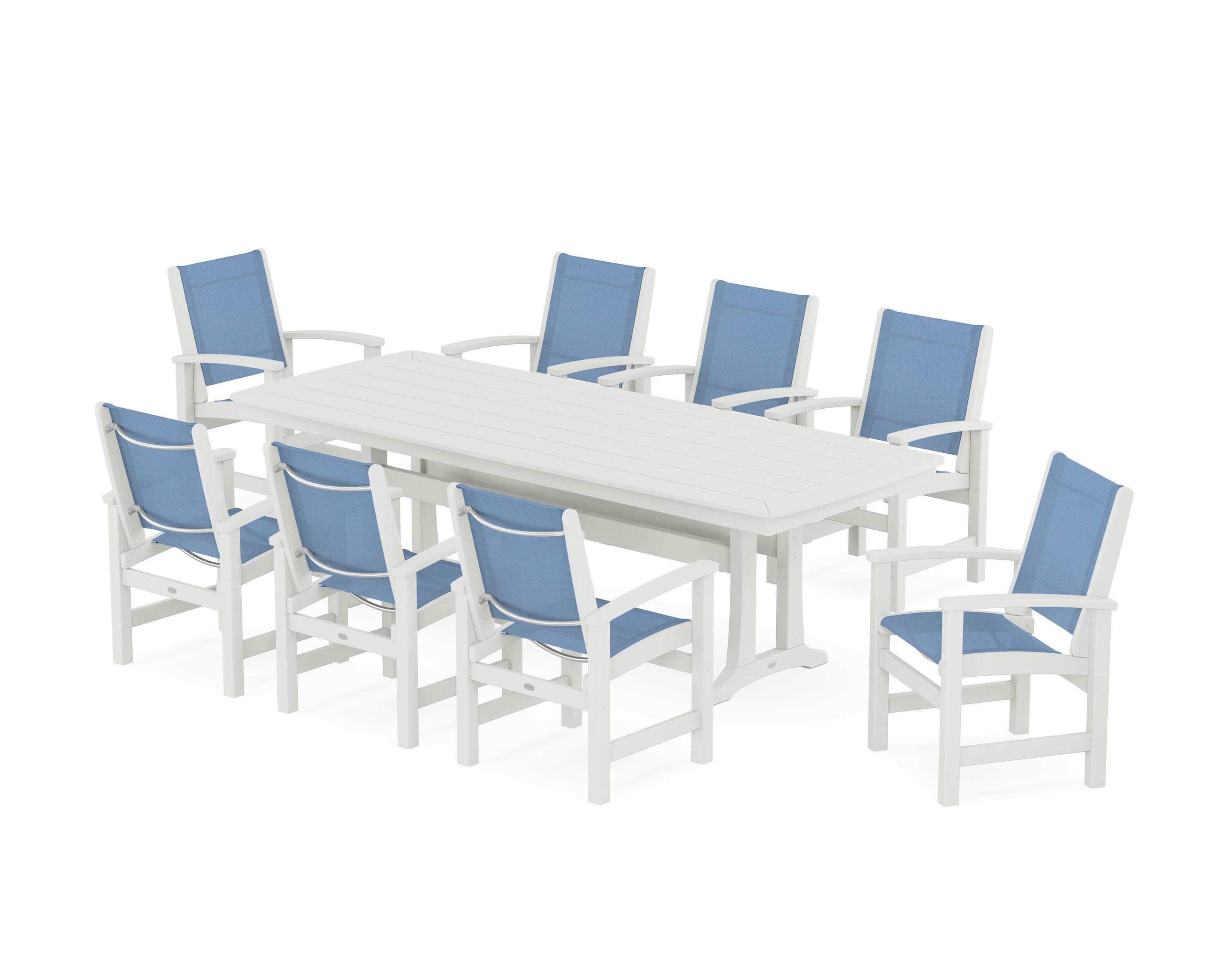 Coastal 9-Piece Dining Set with Trestle Legs in Vintage White / Poolside Sling