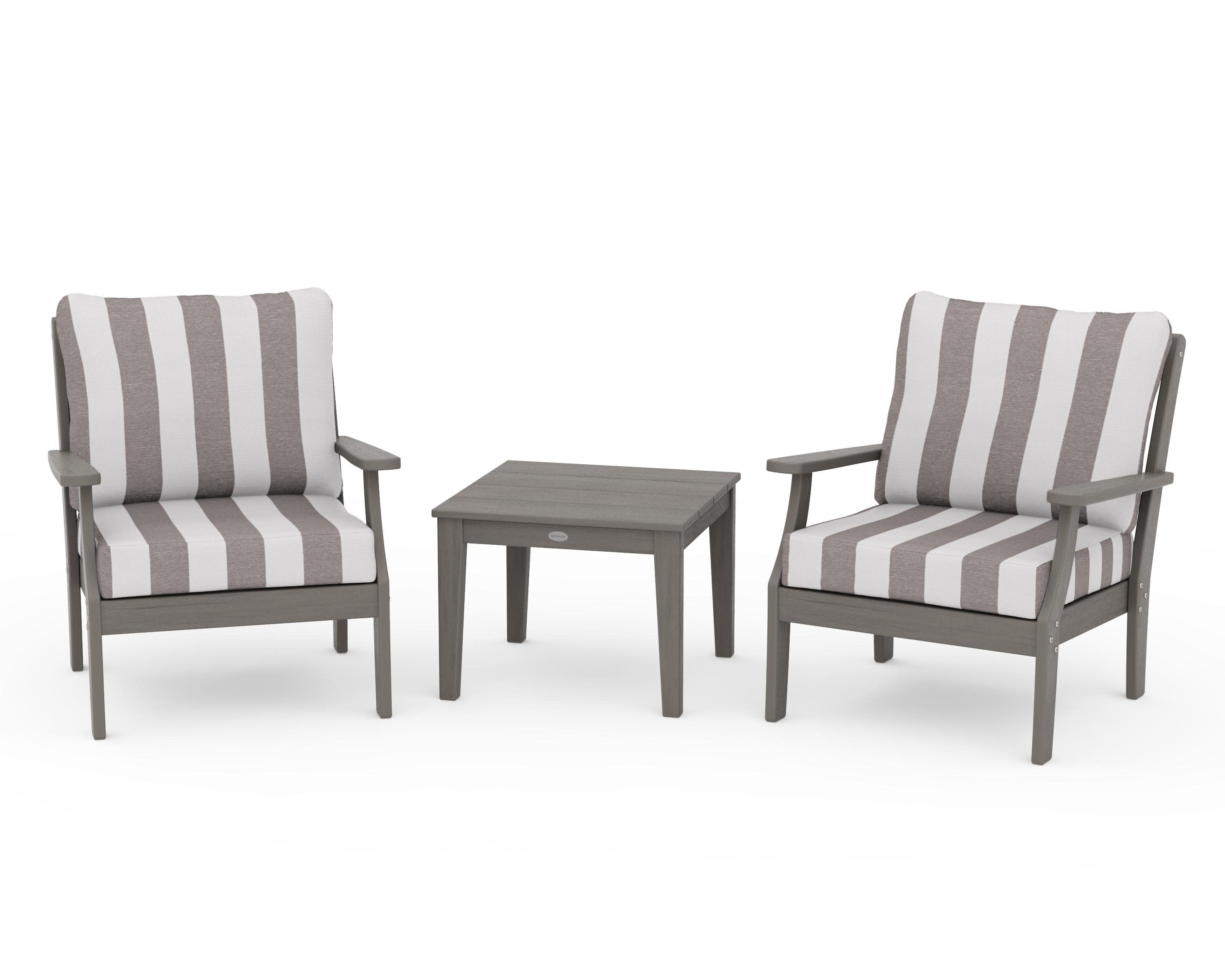 Braxton 3-Piece Deep Seating Set in Driftwood / Cabana Stripe Grey Mist