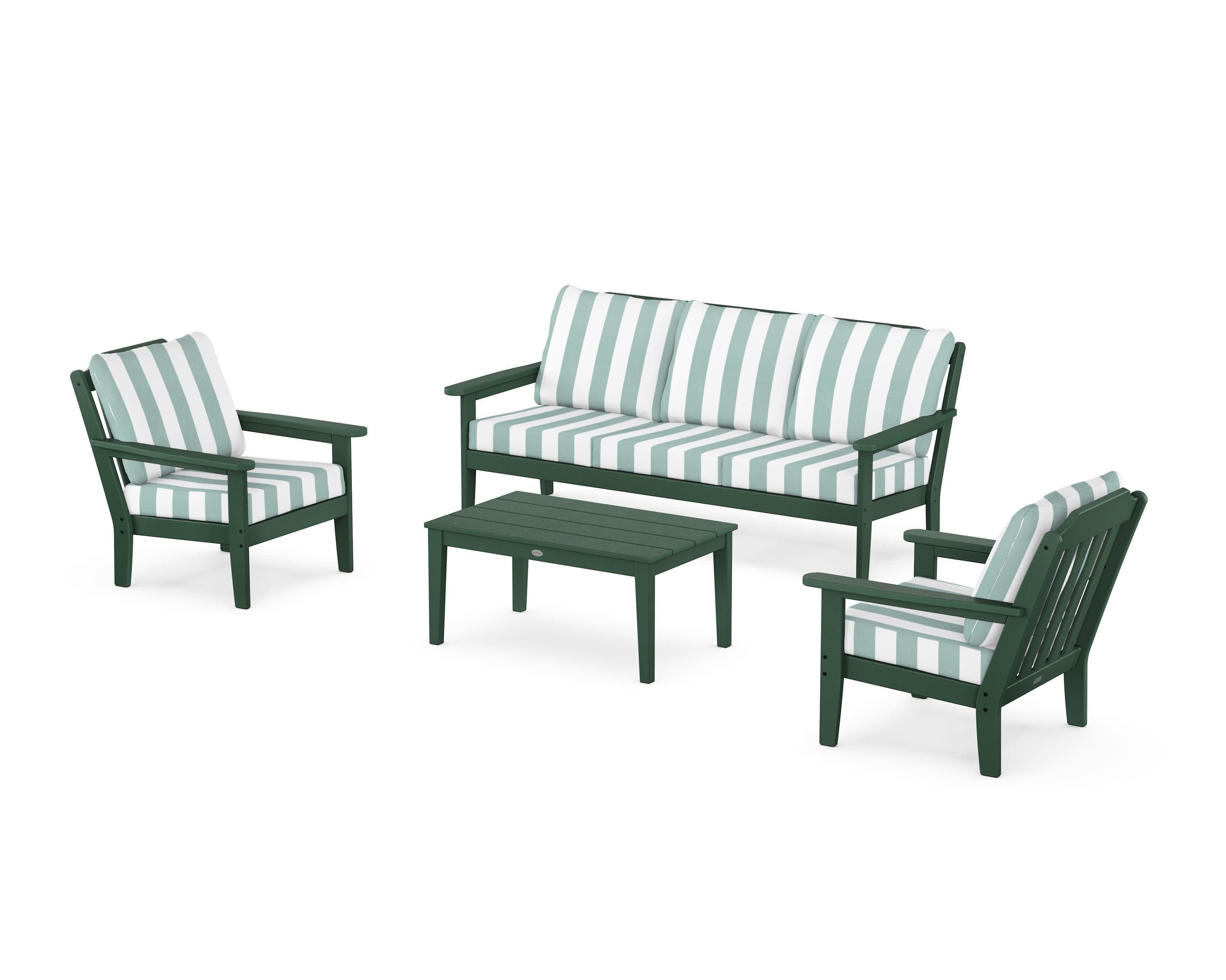 Cottage 4-Piece Deep Seating Set with Sofa in Green / Cabana Stripe Glacier Spa