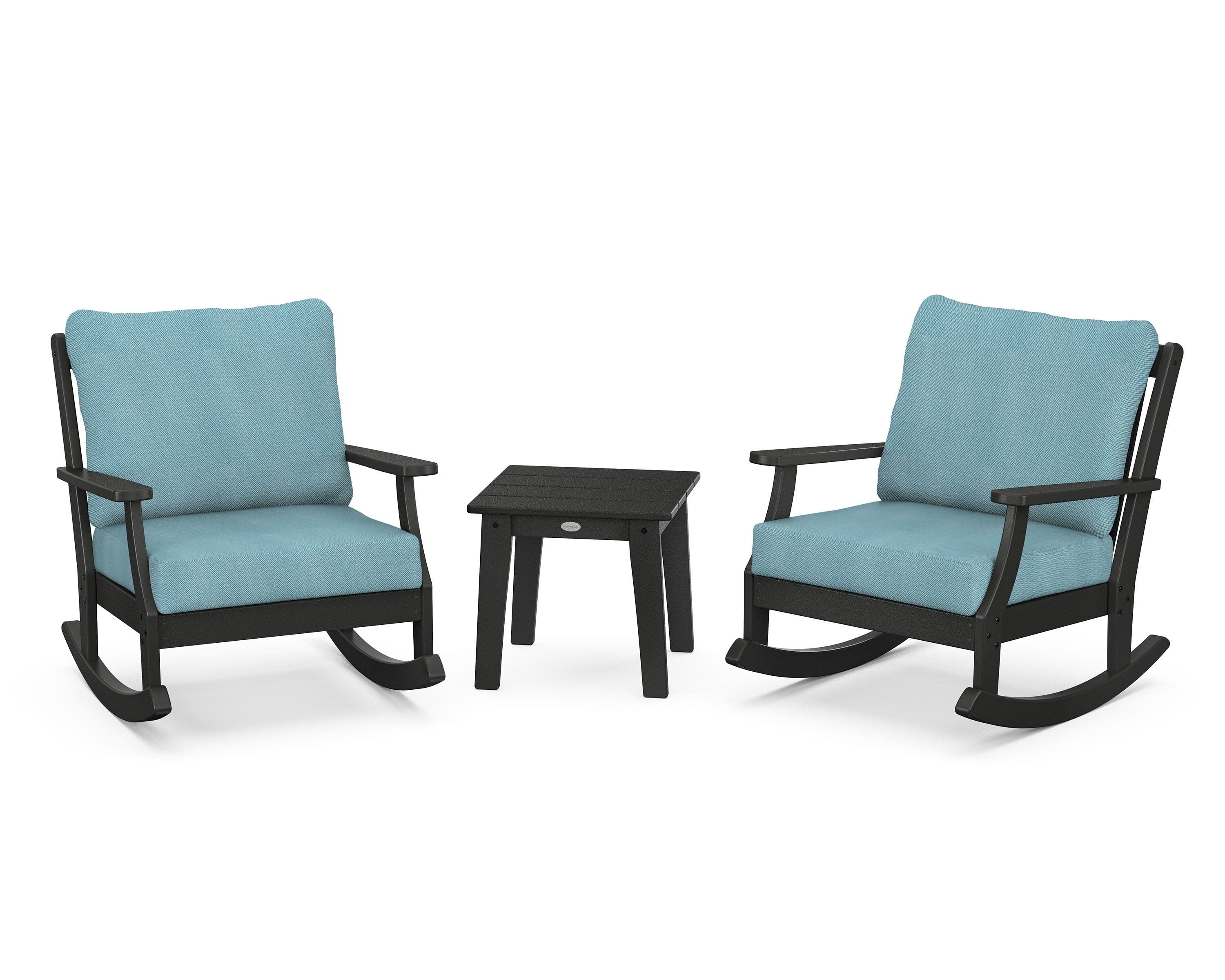 Braxton 3-Piece Deep Seating Rocker Set in Black / Lattice Sky Blue