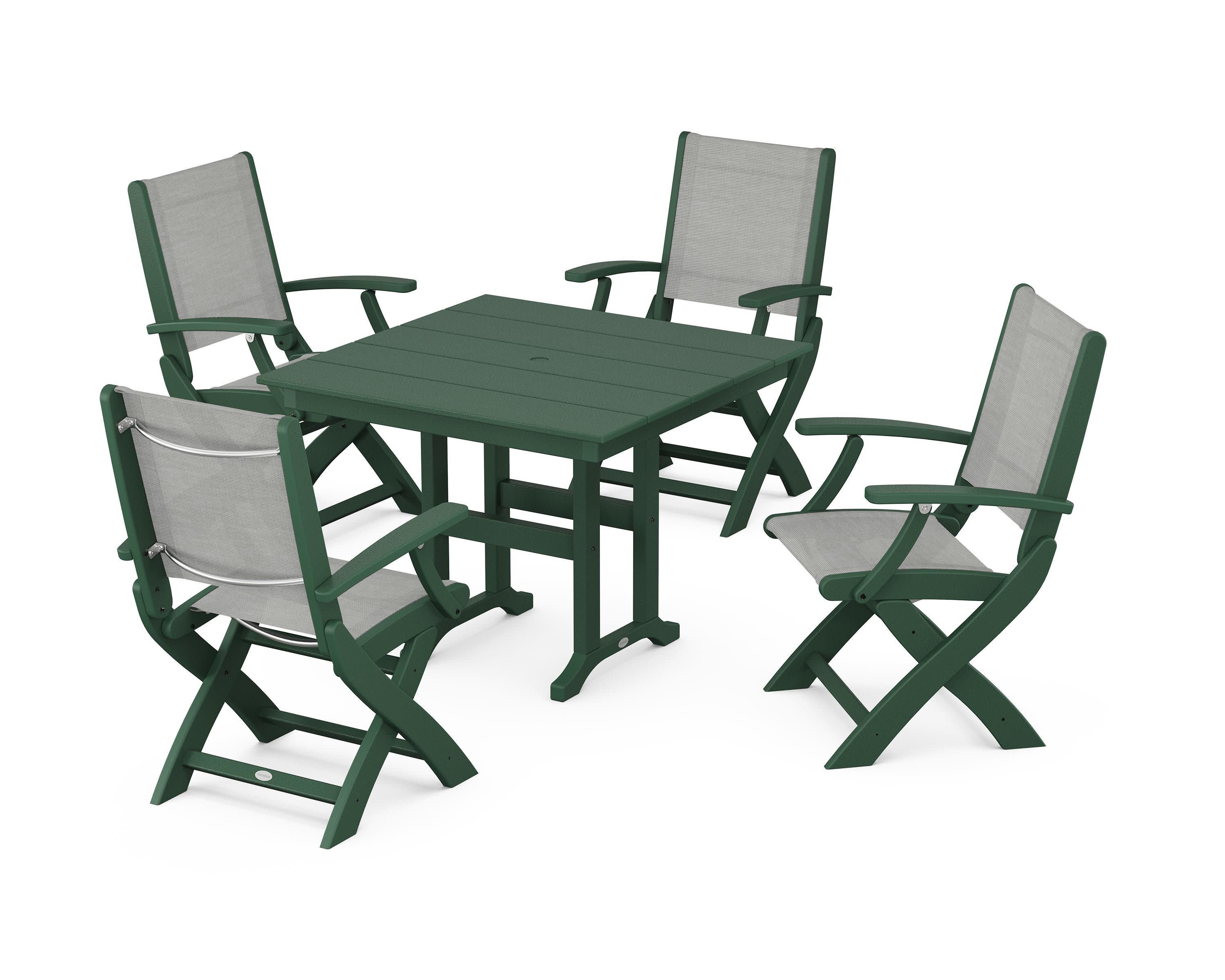 Coastal Folding Chair 5-Piece Farmhouse Dining Set in Green / Metallic Sling