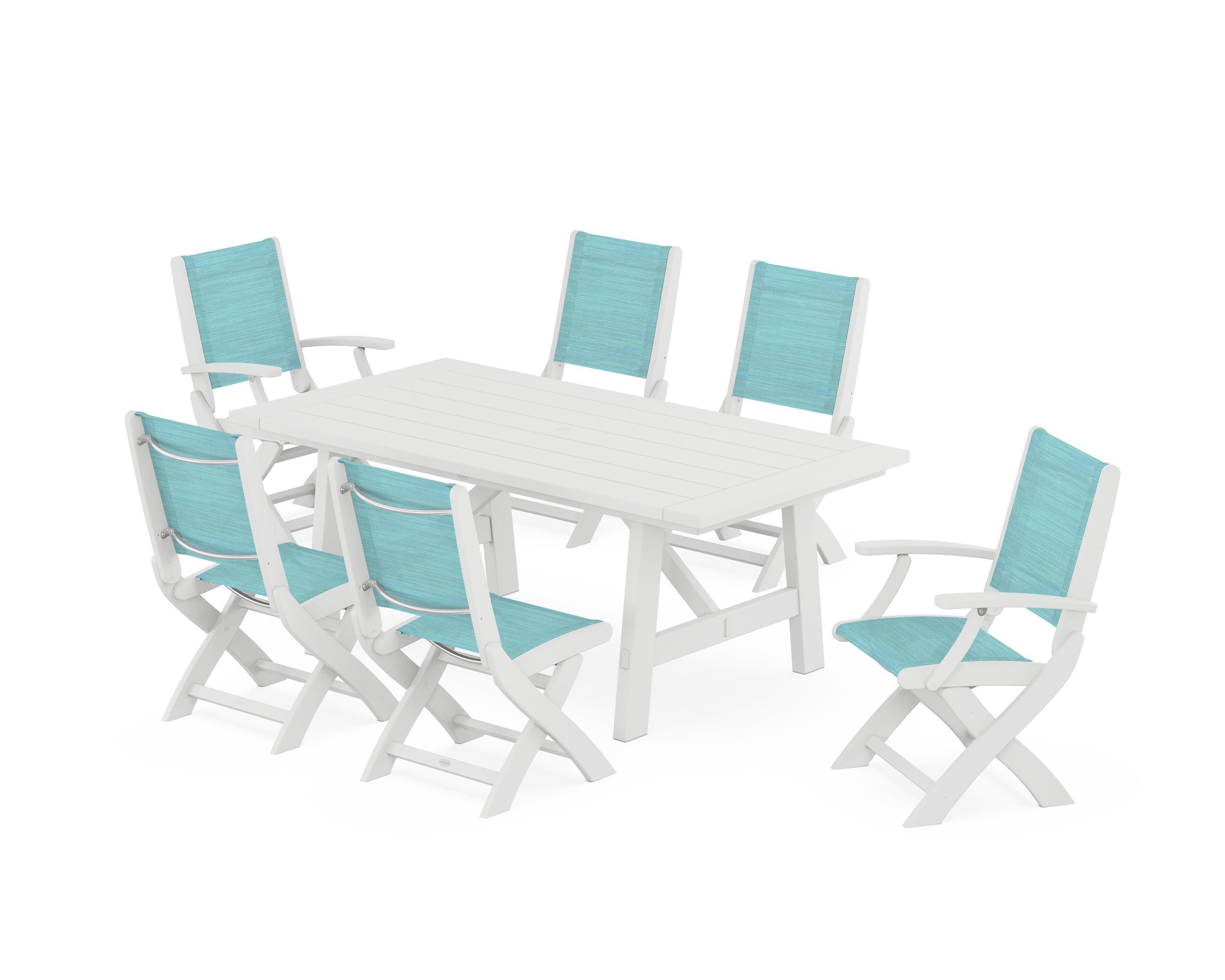 Coastal Folding Chair 7-Piece Rustic Farmhouse Dining Set in White / Dupioni Aquamarine Sling