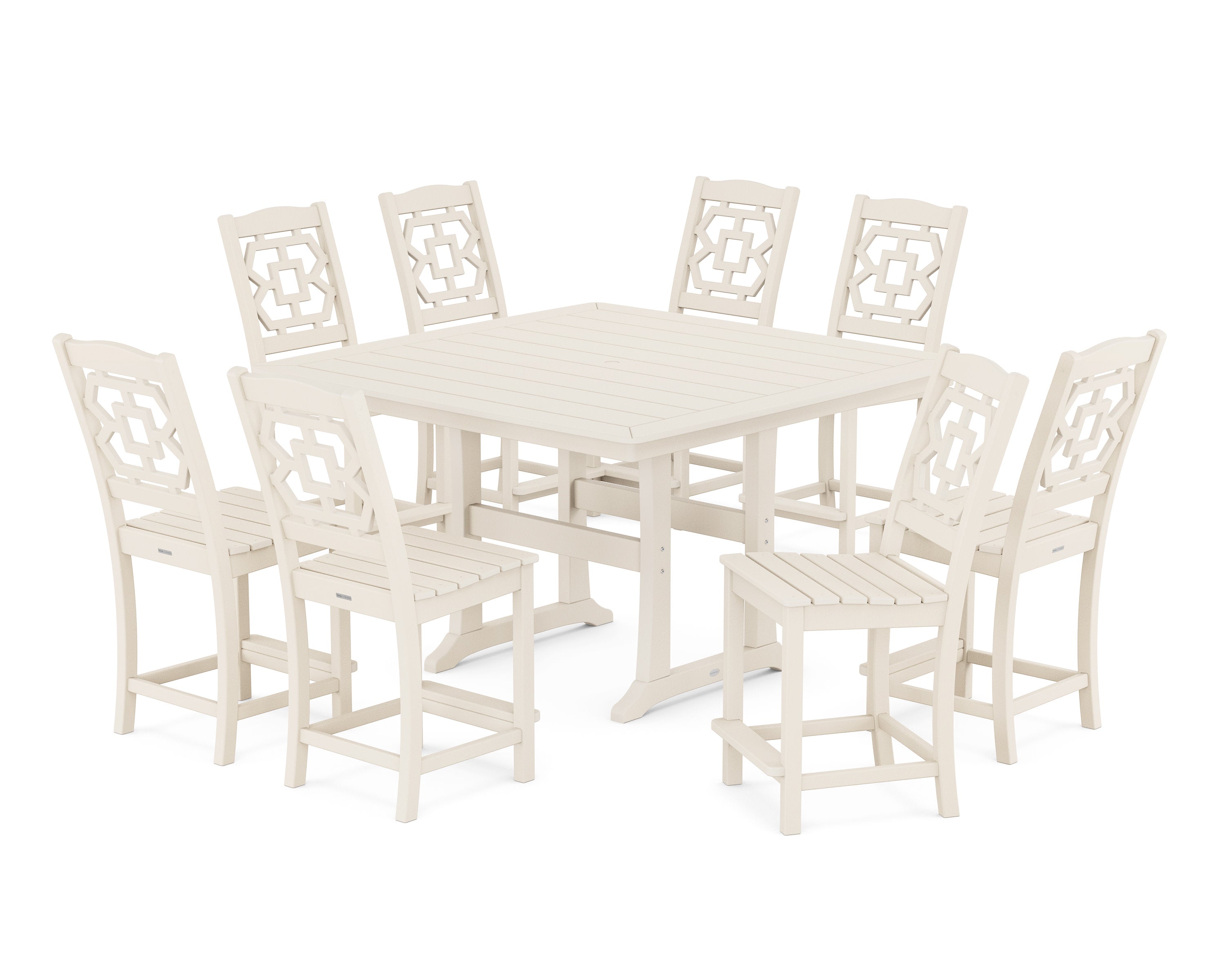 Chinoiserie 9-Piece Square Side Chair Counter Set with Trestle Legs in Sand