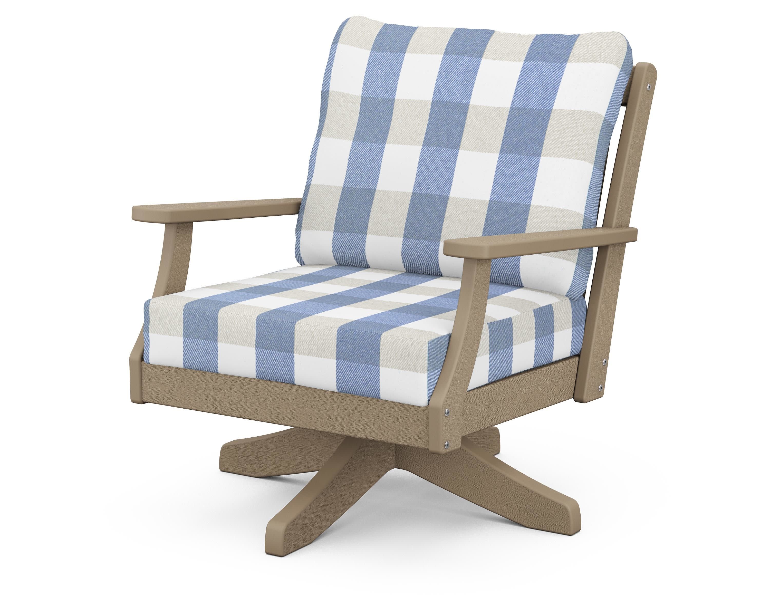 Braxton Deep Seating Swivel Chair in Vintage Sahara / Buffalo Plaid Sky Blue