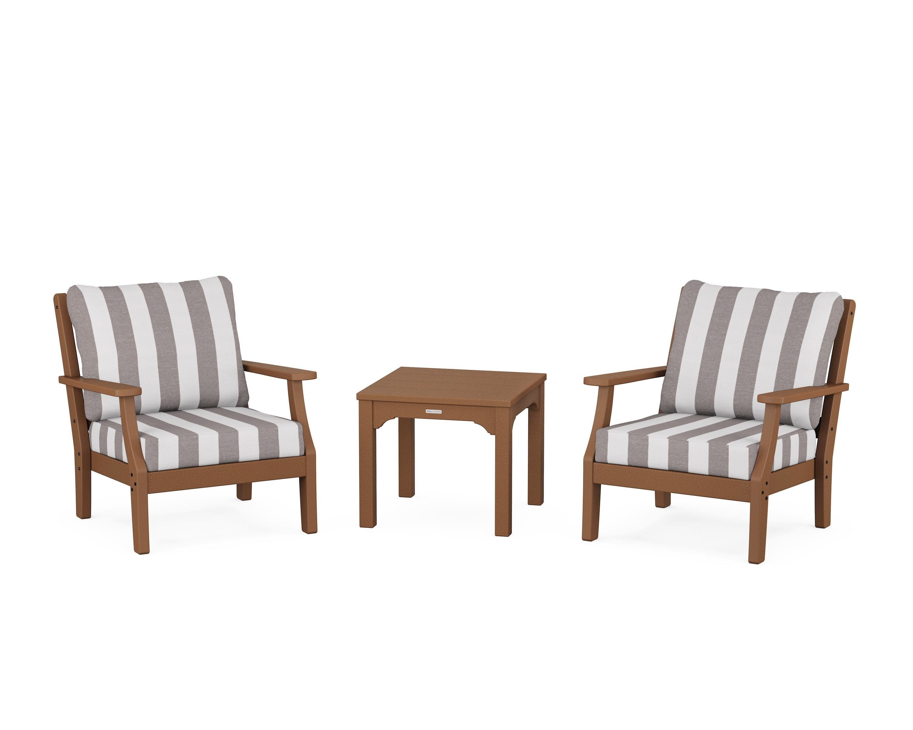 Chinoiserie 3-Piece Deep Seating Set in Teak / Cabana Stripe Grey Mist