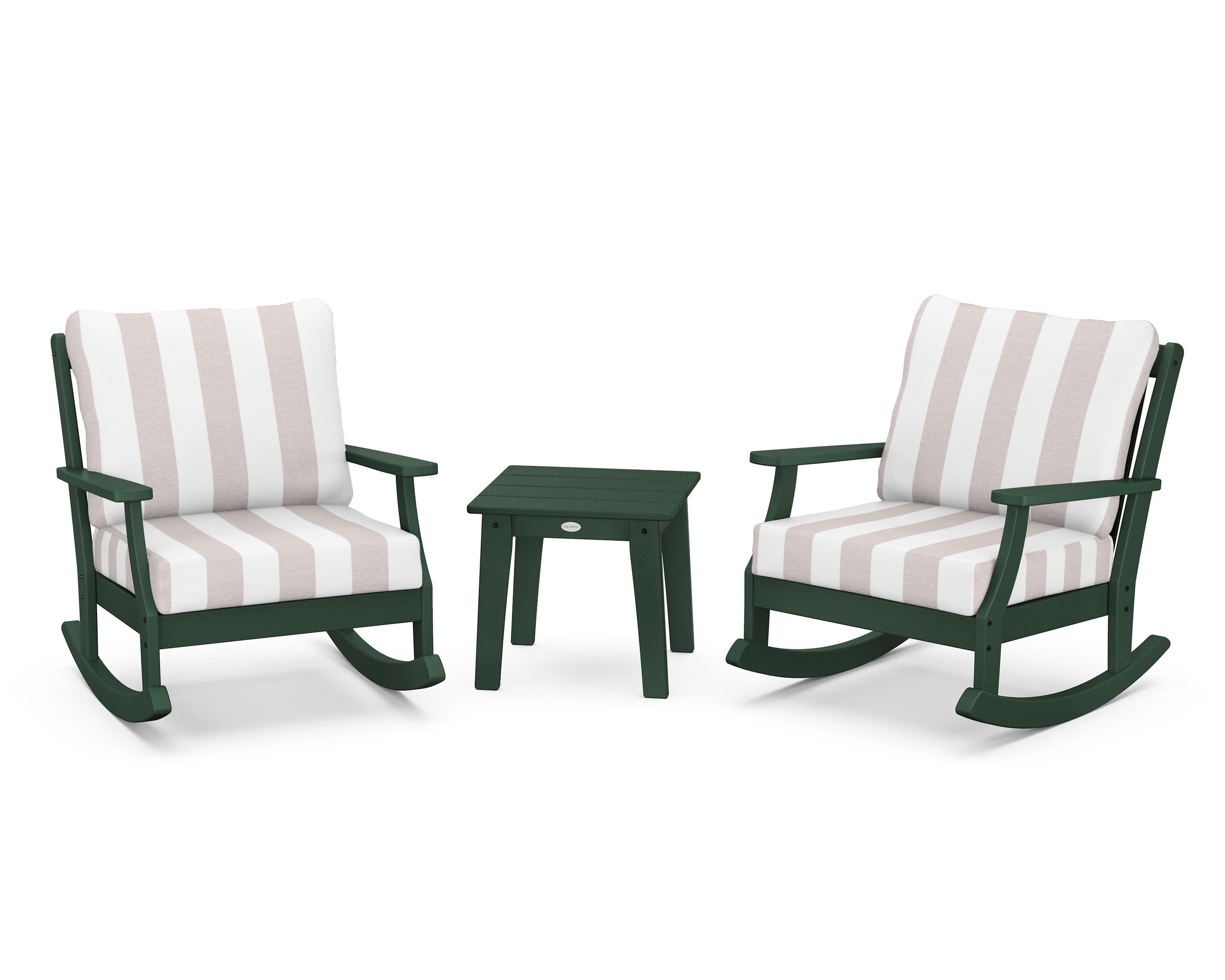 Braxton 3-Piece Deep Seating Rocker Set in Green / Cabana Stripe Dune Burlap
