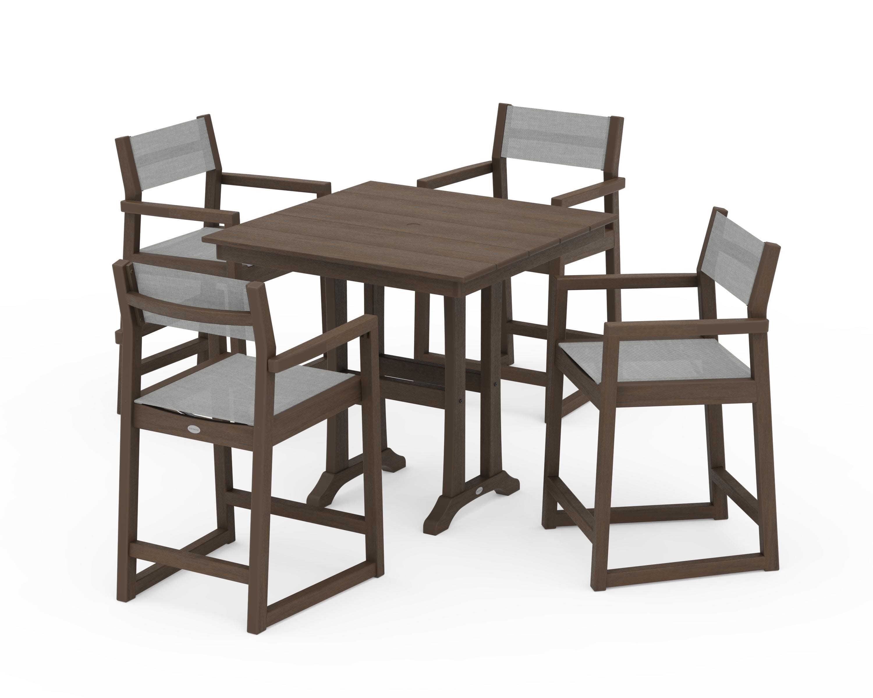 EDGE Sling Arm Chair 5-Piece Farmhouse Counter Set with Trestle Legs in Kona / Metallic Sling