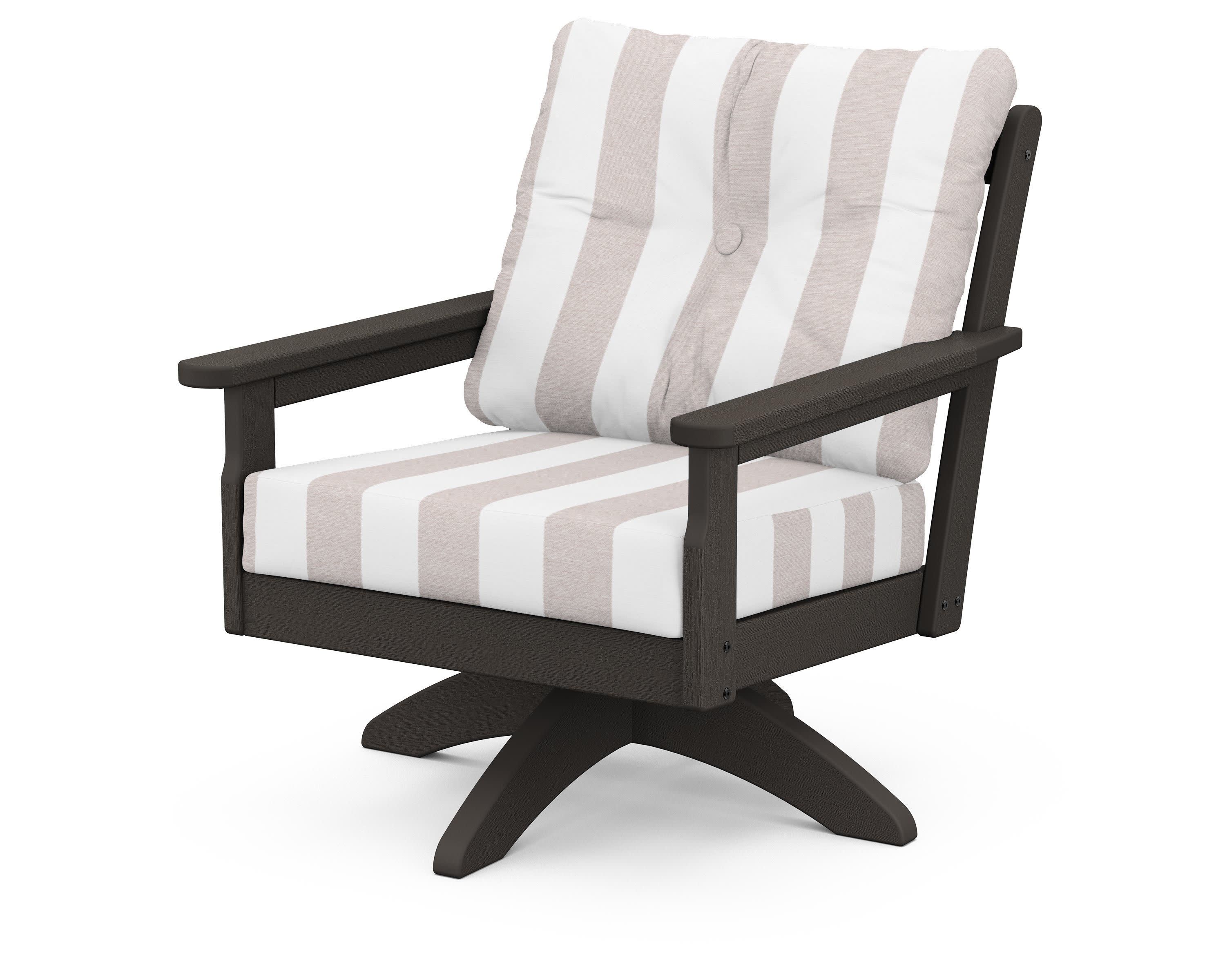 Vineyard Deep Seating Swivel Chair in Vintage Coffee / Cabana Stripe Dune Burlap