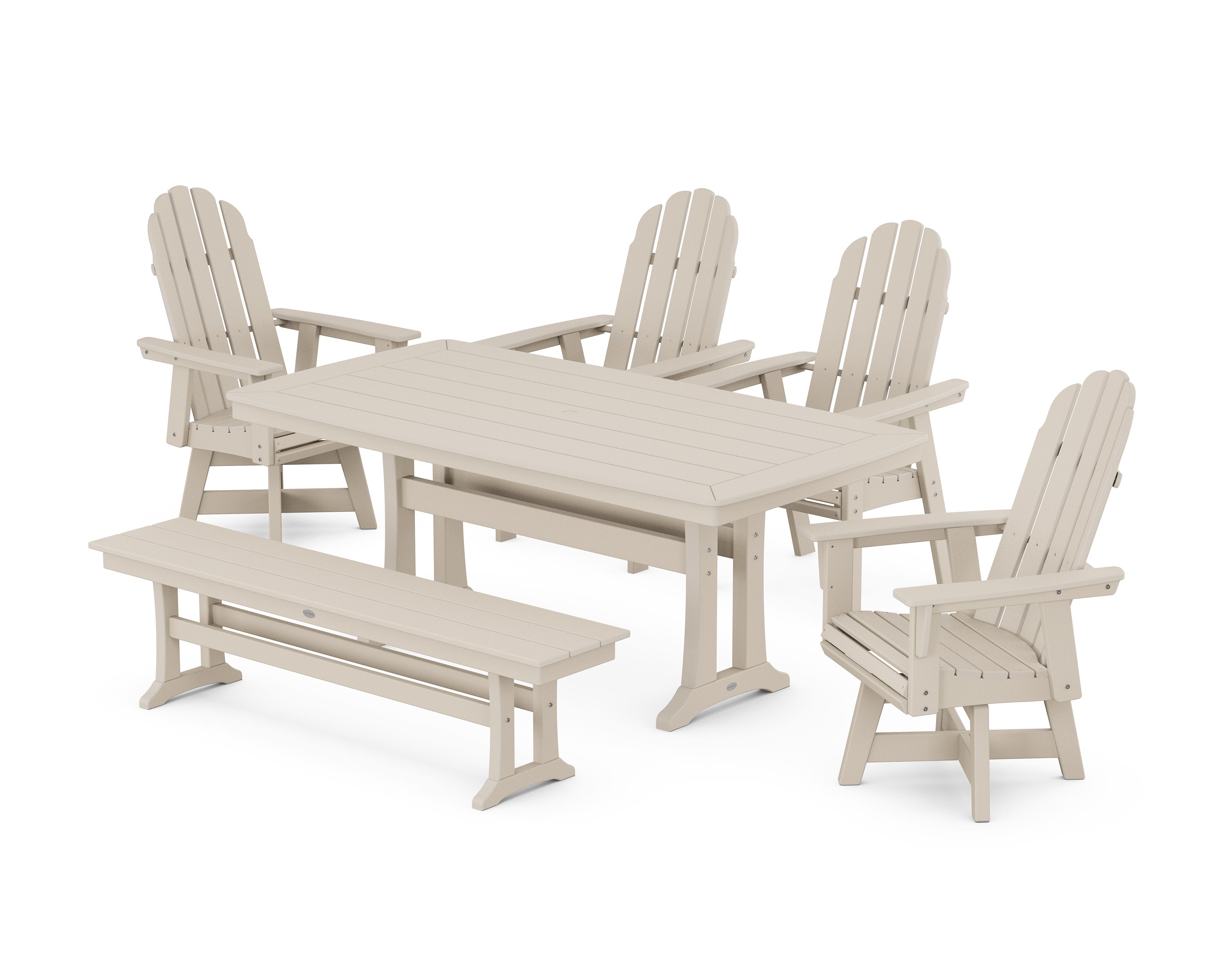 Vineyard Curveback Adirondack Swivel Chair 6-Piece Dining Set with Trestle Legs and Bench in Sand