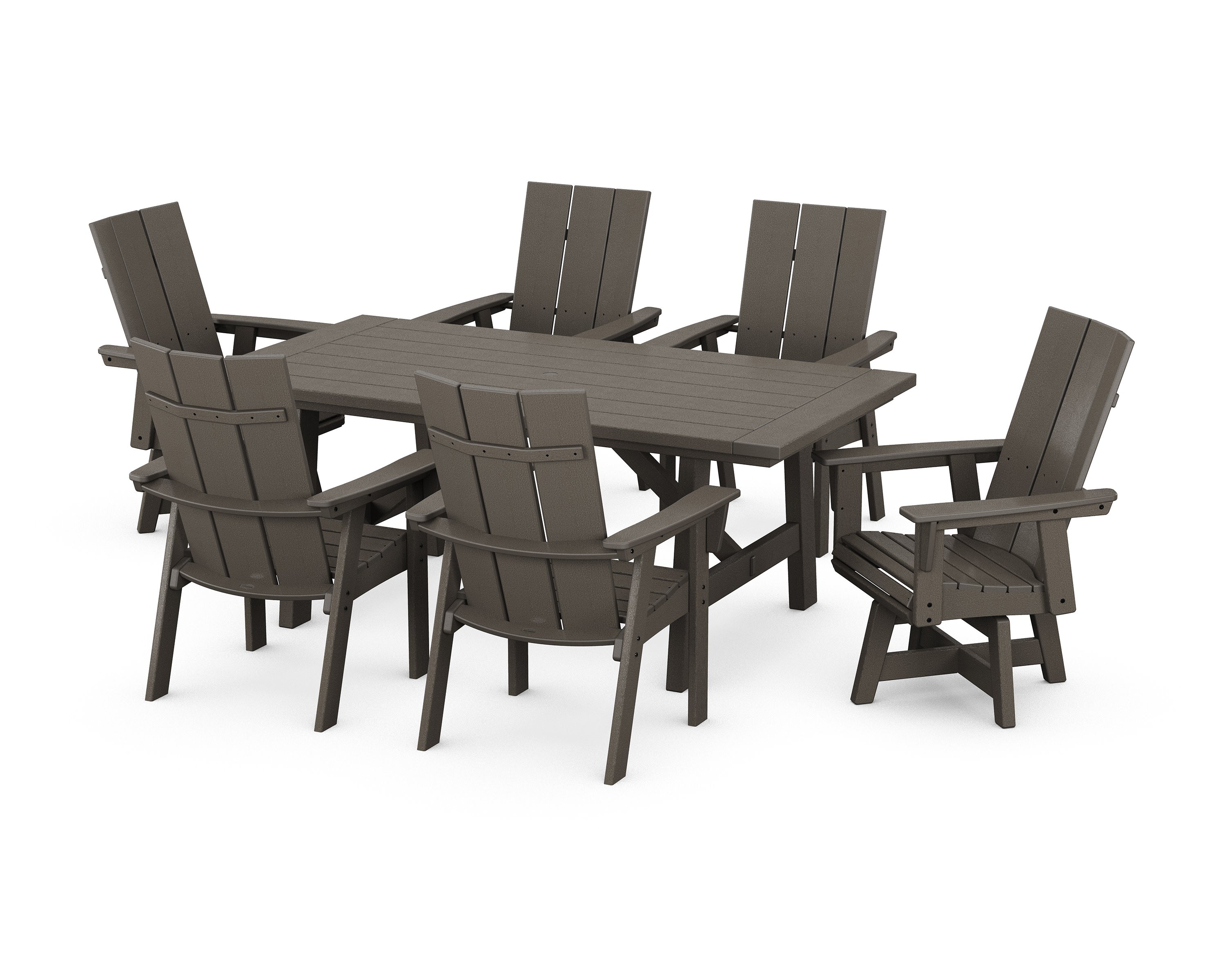 Modern Curveback Adirondack 7-Piece Rustic Farmhouse Swivel Dining Set in Vintage Coffee