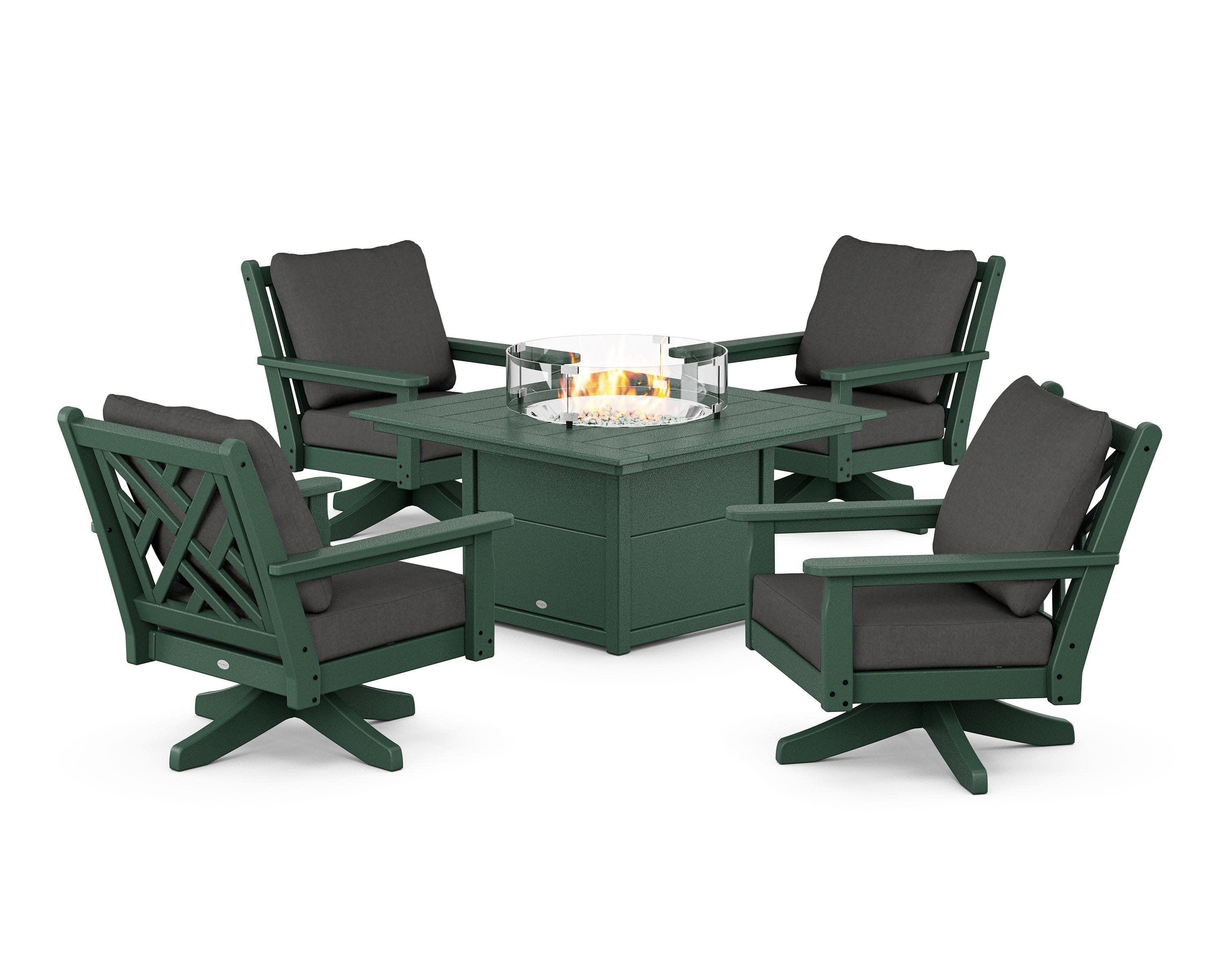 Chippendale 5-Piece Deep Seating Swivel Conversation Set with Fire Pit Table in Green / Spectrum Carbon