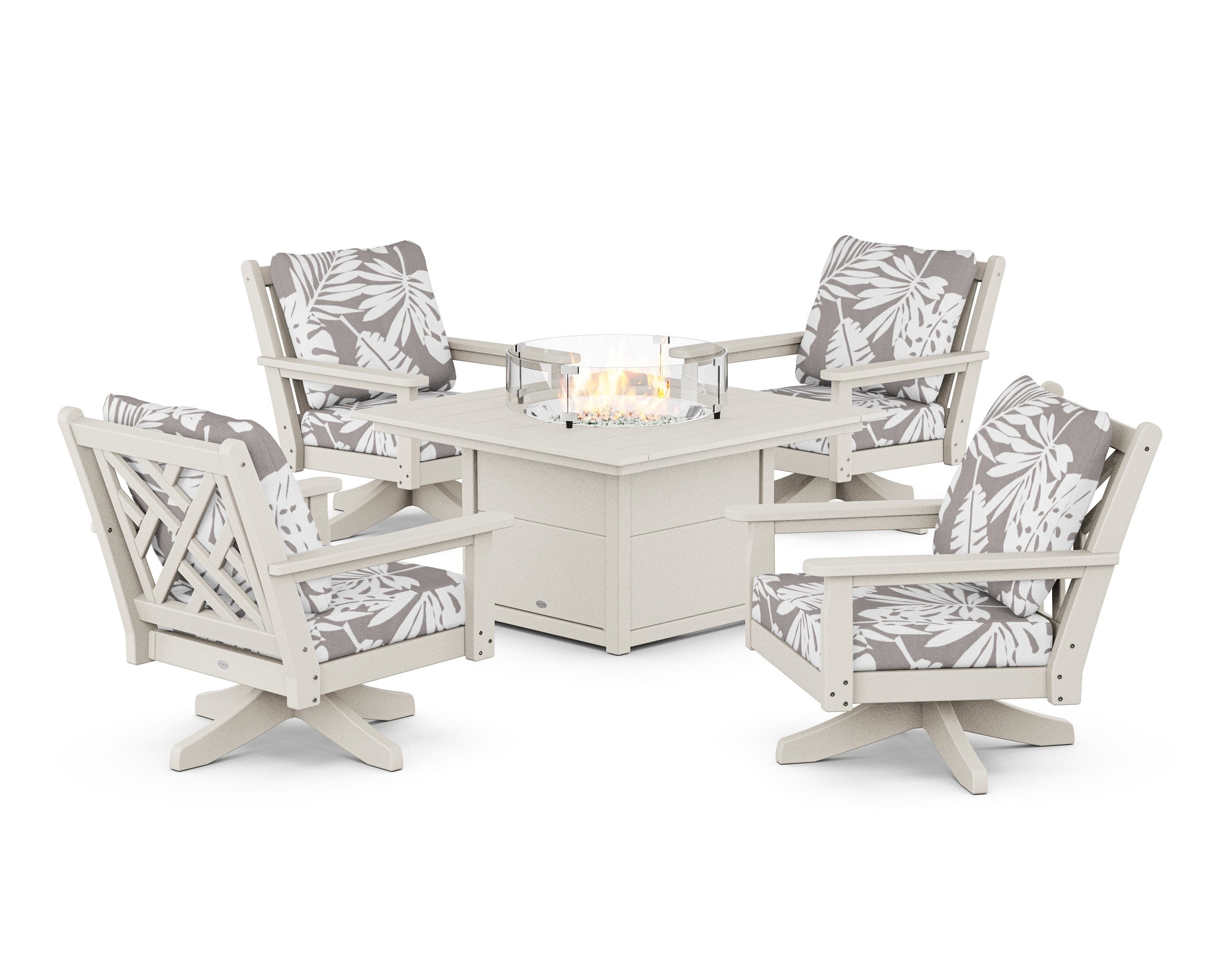Chippendale 5-Piece Deep Seating Swivel Conversation Set with Fire Pit Table in Sand / Leaf Grey Mist