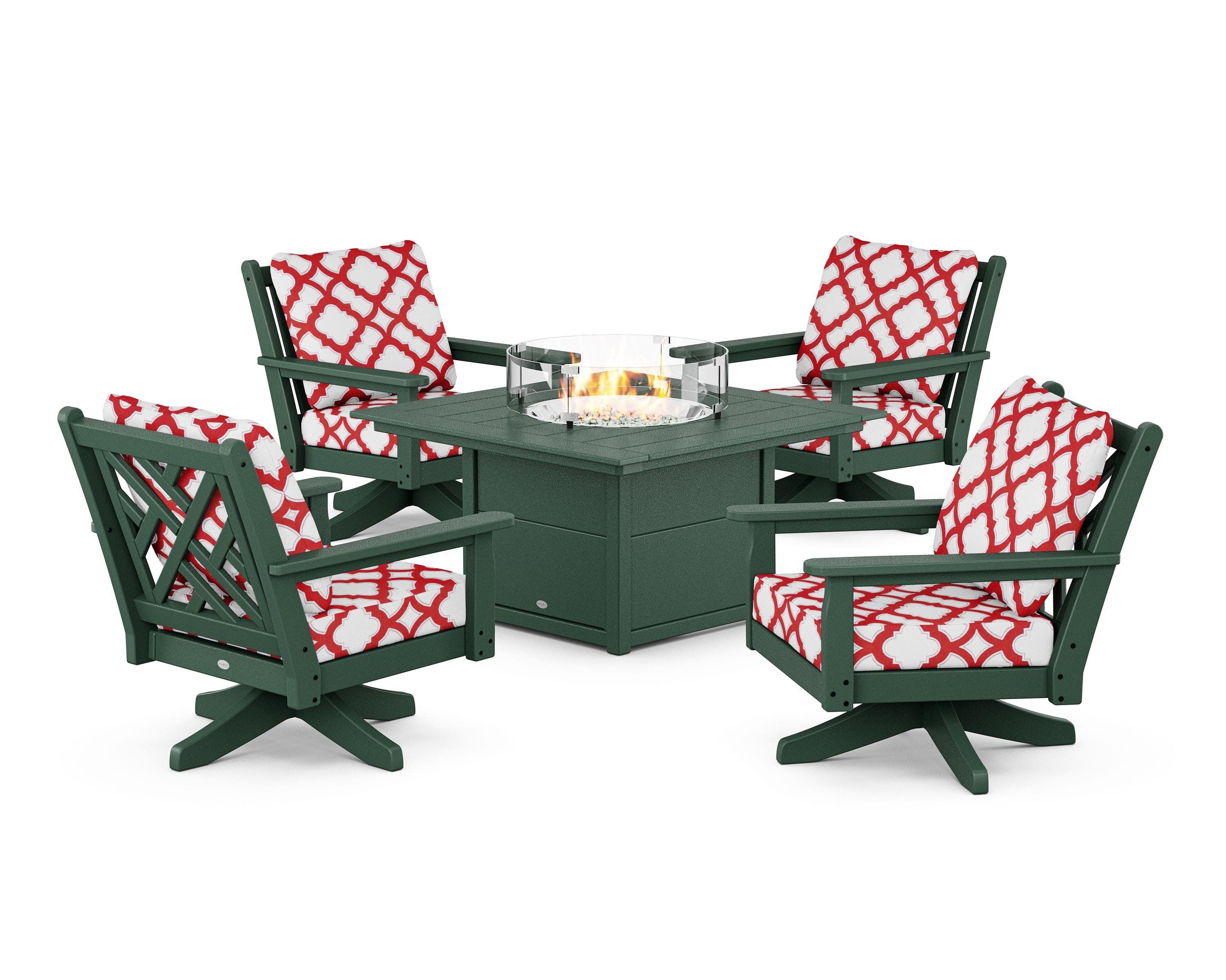 Chippendale 5-Piece Deep Seating Swivel Conversation Set with Fire Pit Table in Green / Trellis Crimson