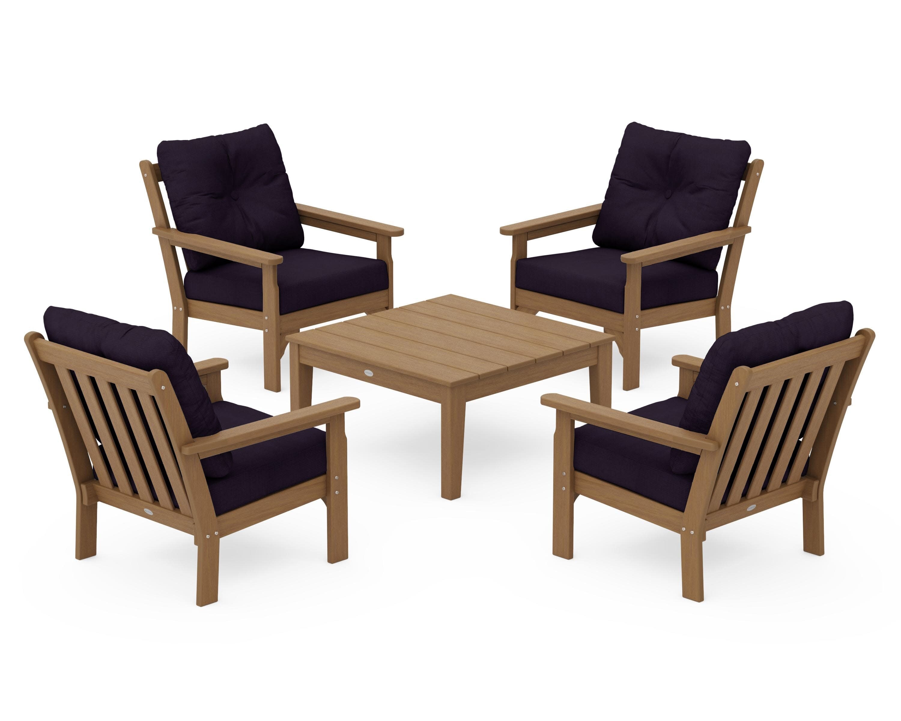Vineyard 5-Piece Deep Seating Conversation Set in Natural / Navy Linen
