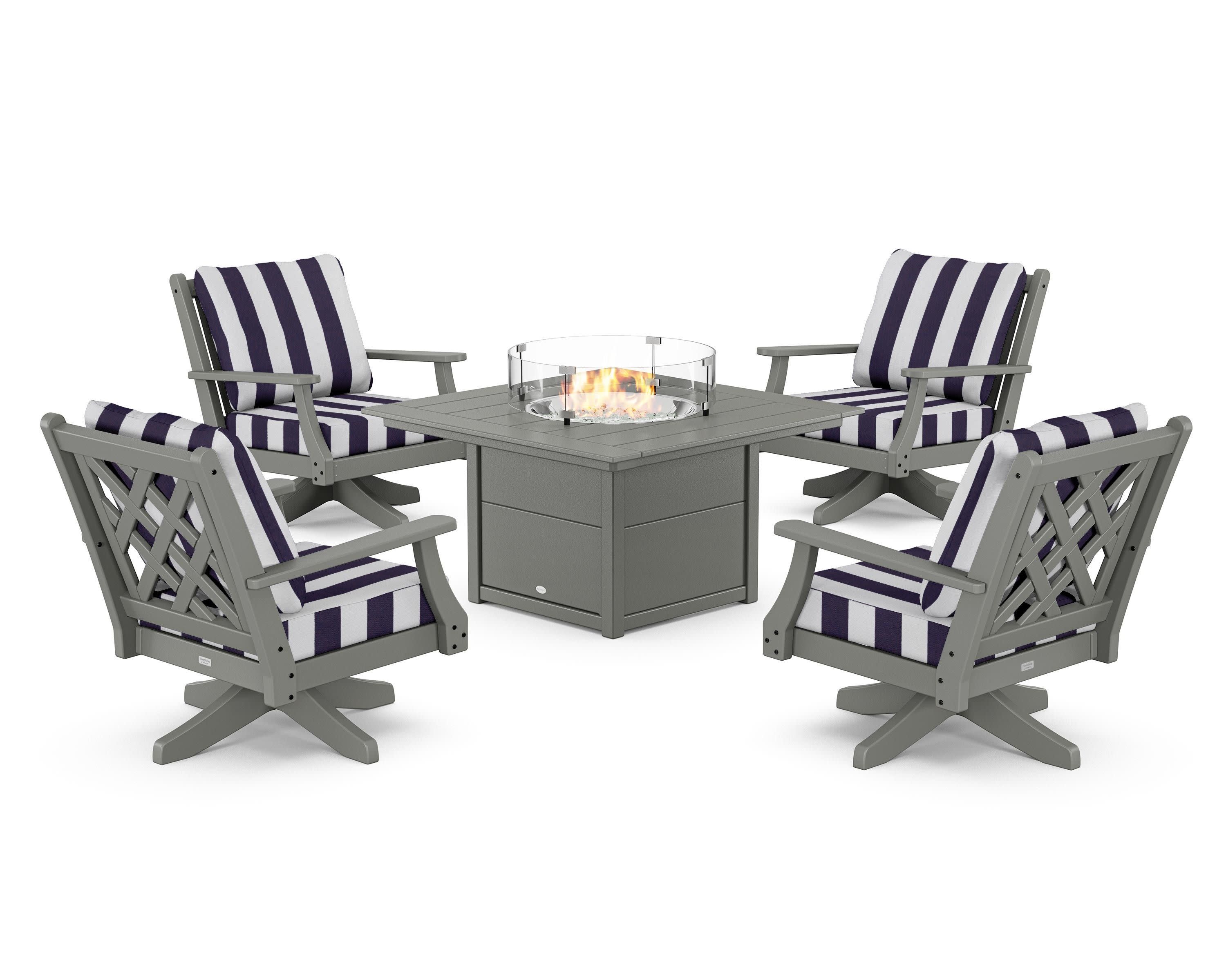 Wovendale 5-Piece Deep Seating Swivel Conversation Set with Fire Pit Table in Slate Grey / Cabana Stripe Navy