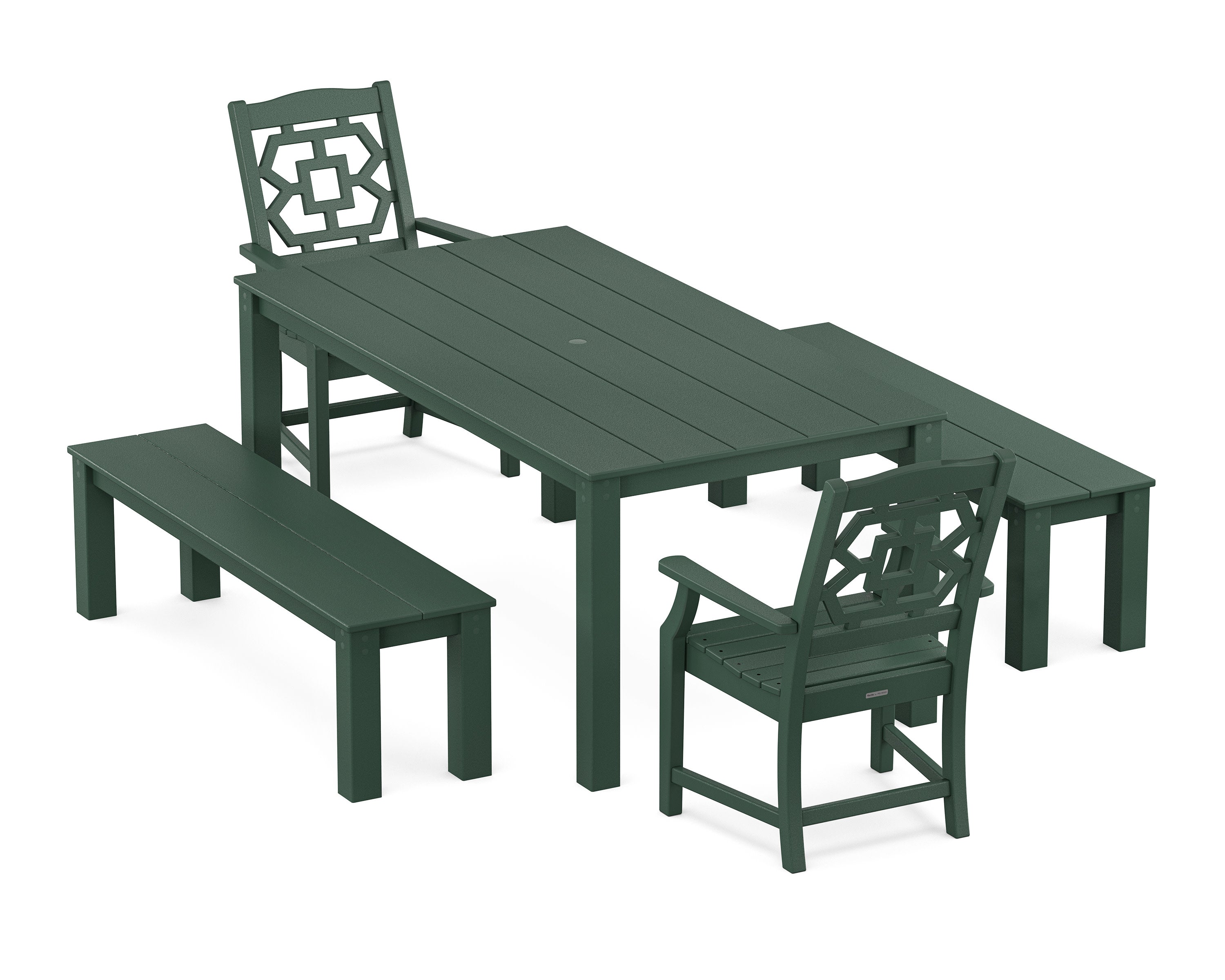 Chinoiserie 5-Piece Parsons Dining Set with Benches in Green