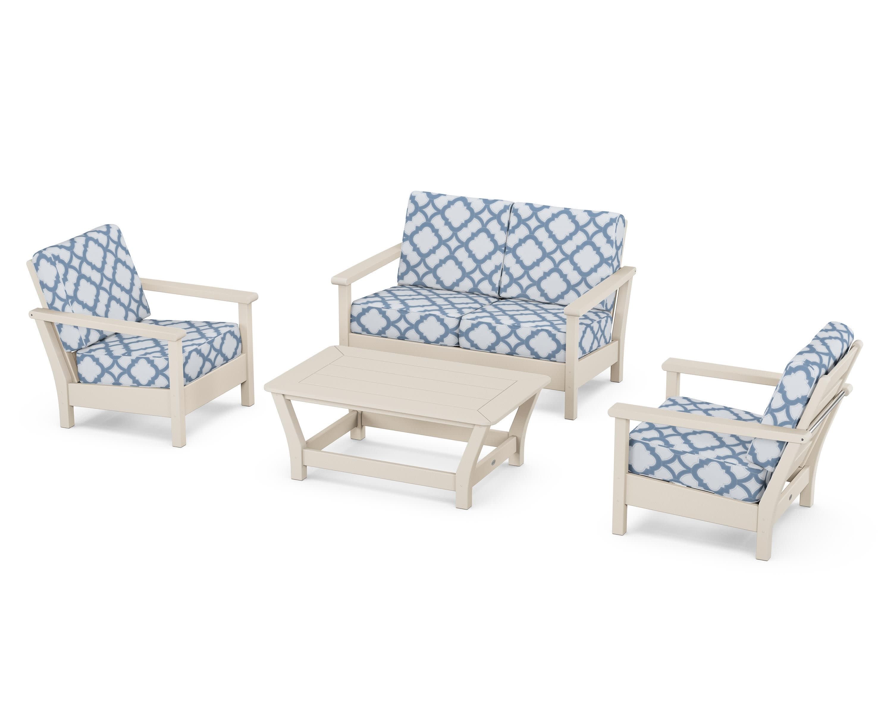 Harbour 4-Piece Deep Seating Set in Sand / Trellis Sky Blue