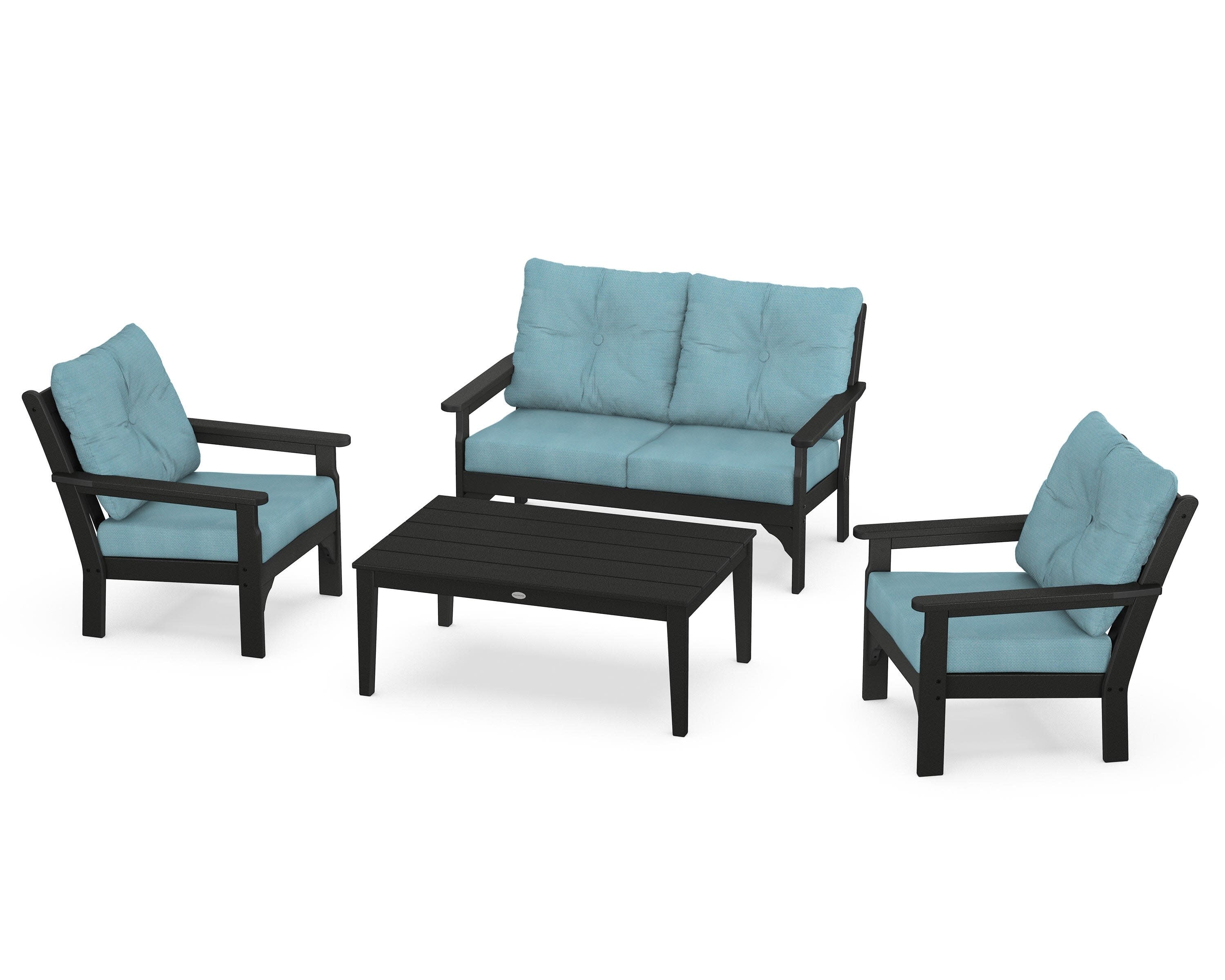 Vineyard 4-Piece Deep Seating Set in Black / Lattice Sky Blue