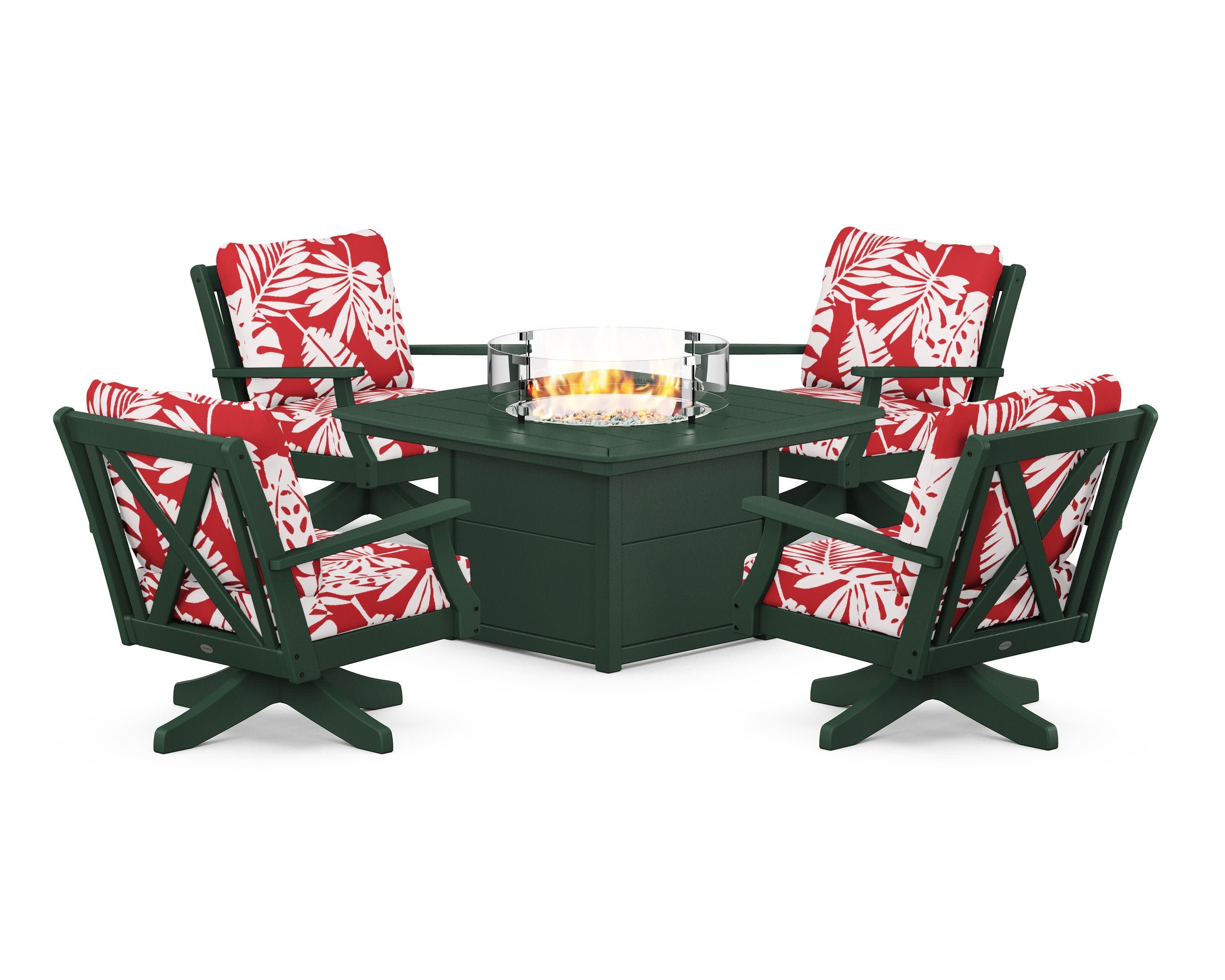 Braxton 5-Piece Deep Seating Swivel Conversation Set with Fire Pit Table in Green / Leaf Crimson