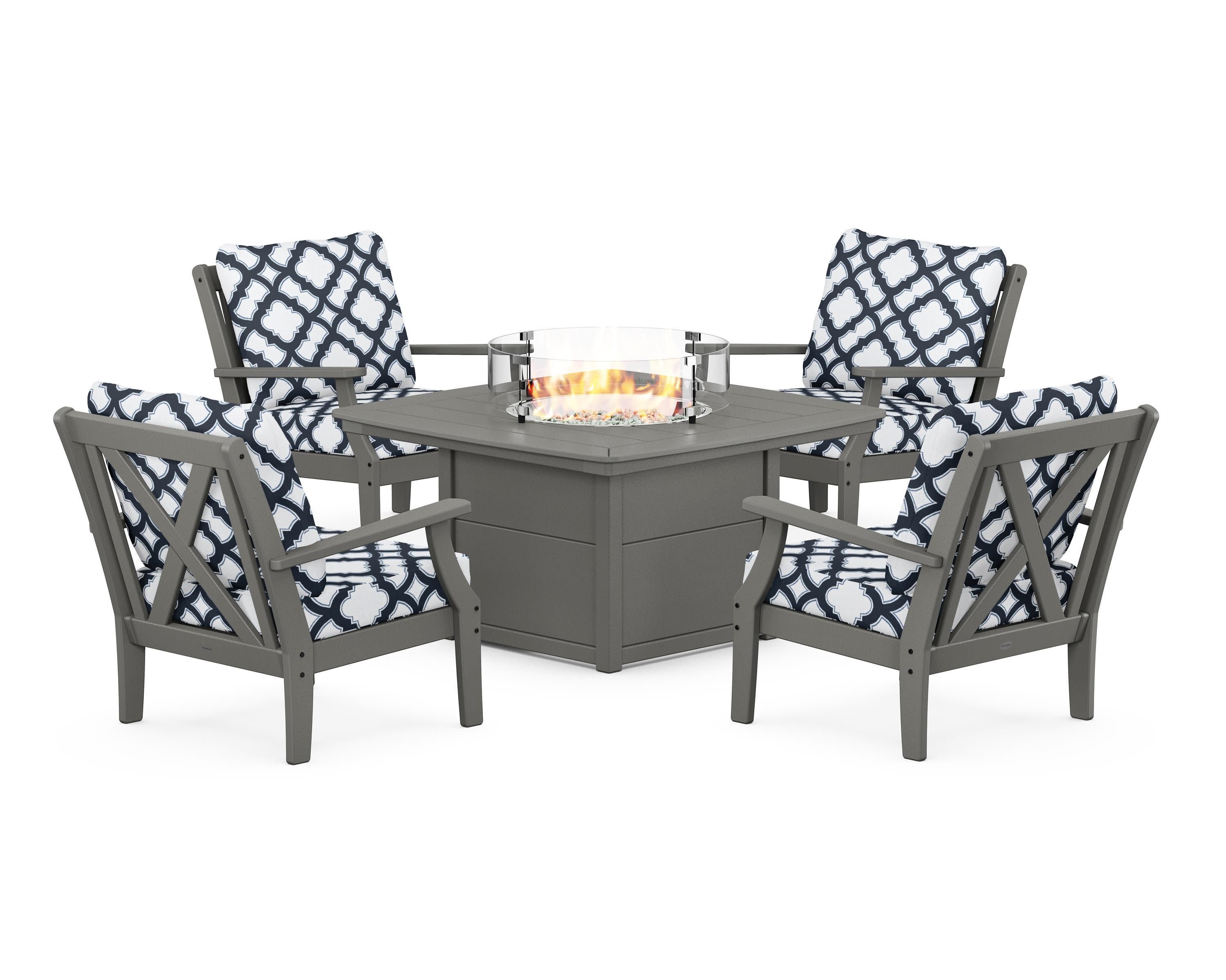 Braxton 5-Piece Deep Seating Conversation Set with Fire Pit Table in Slate Grey / Trellis Marine Indigo