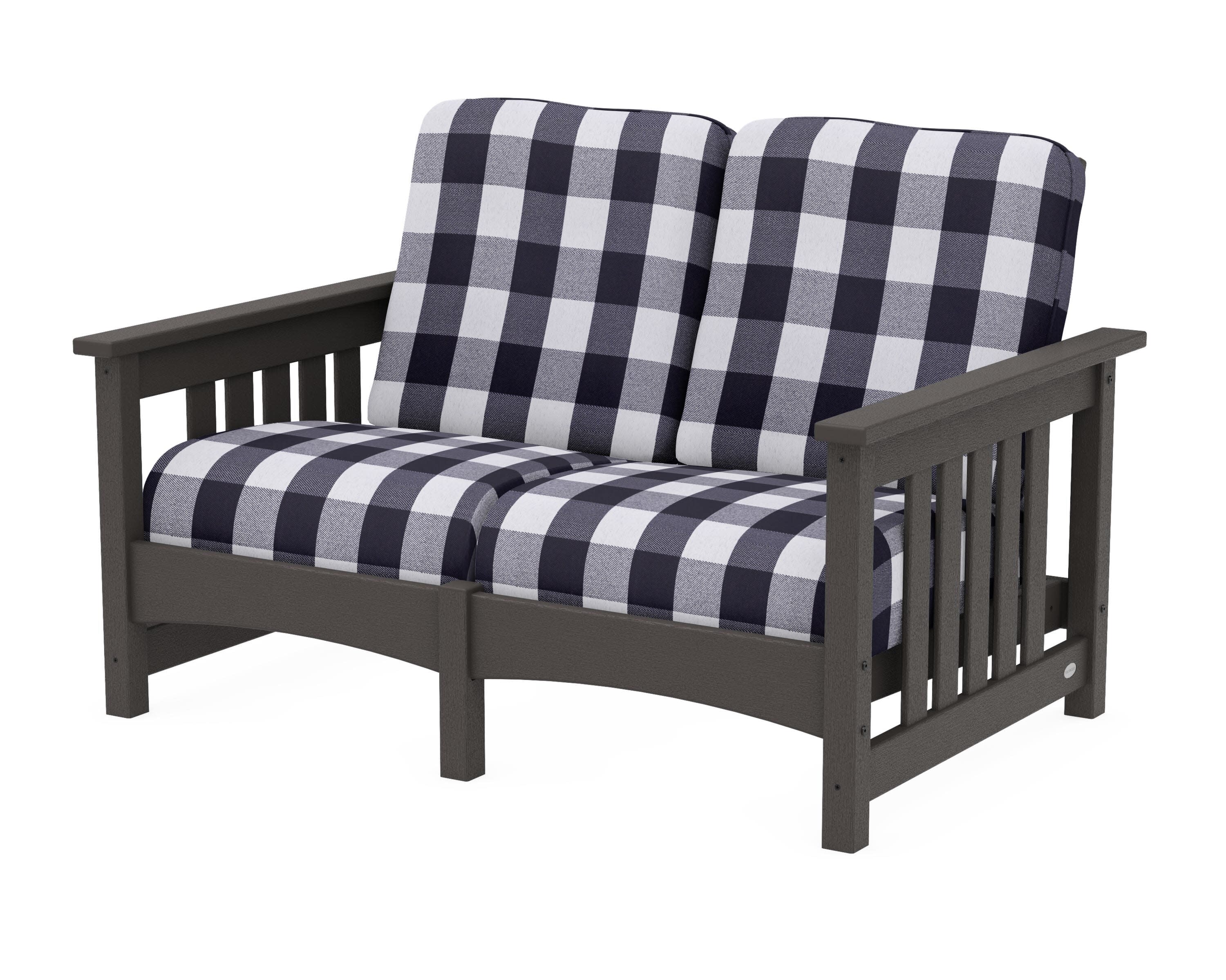 Club Mission Loveseat in Vintage Coffee / Buffalo Plaid Navy