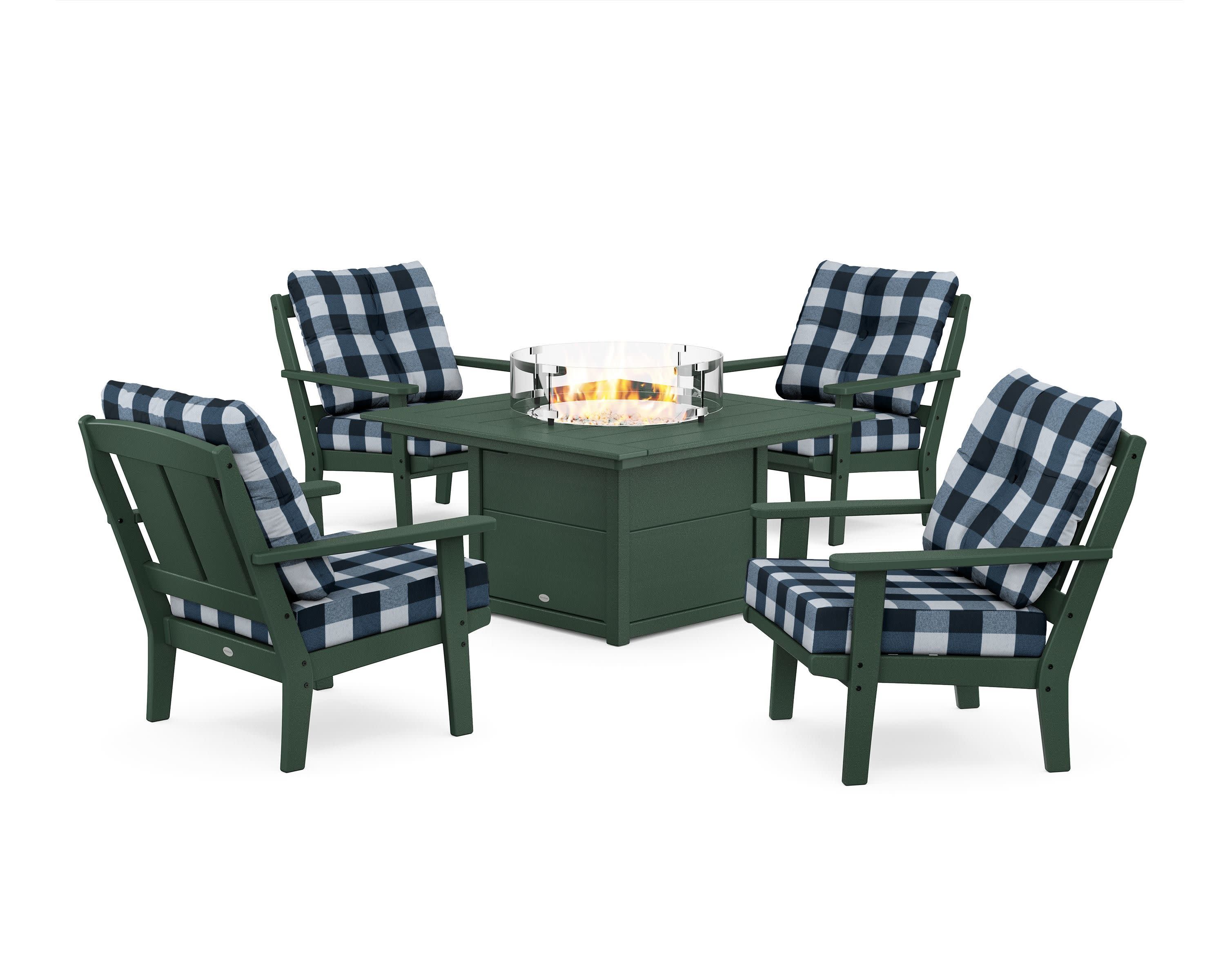 Mission 5-Piece Deep Seating Set with Fire Pit Table in Green / Buffalo Plaid Marine Indigo