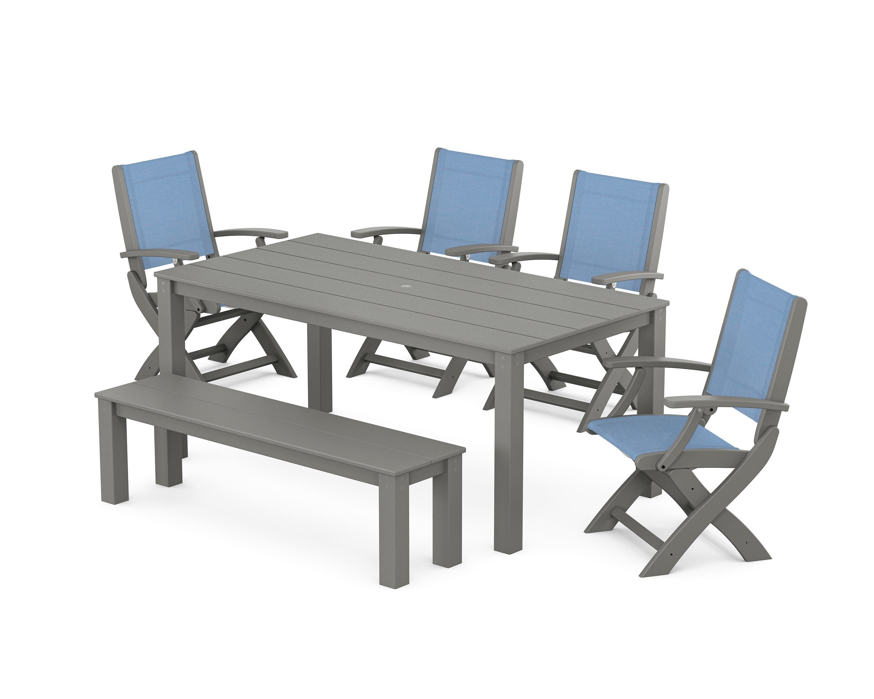 Coastal Folding Chair 6-Piece Parsons Dining Set with Bench in Slate Grey / Poolside Sling