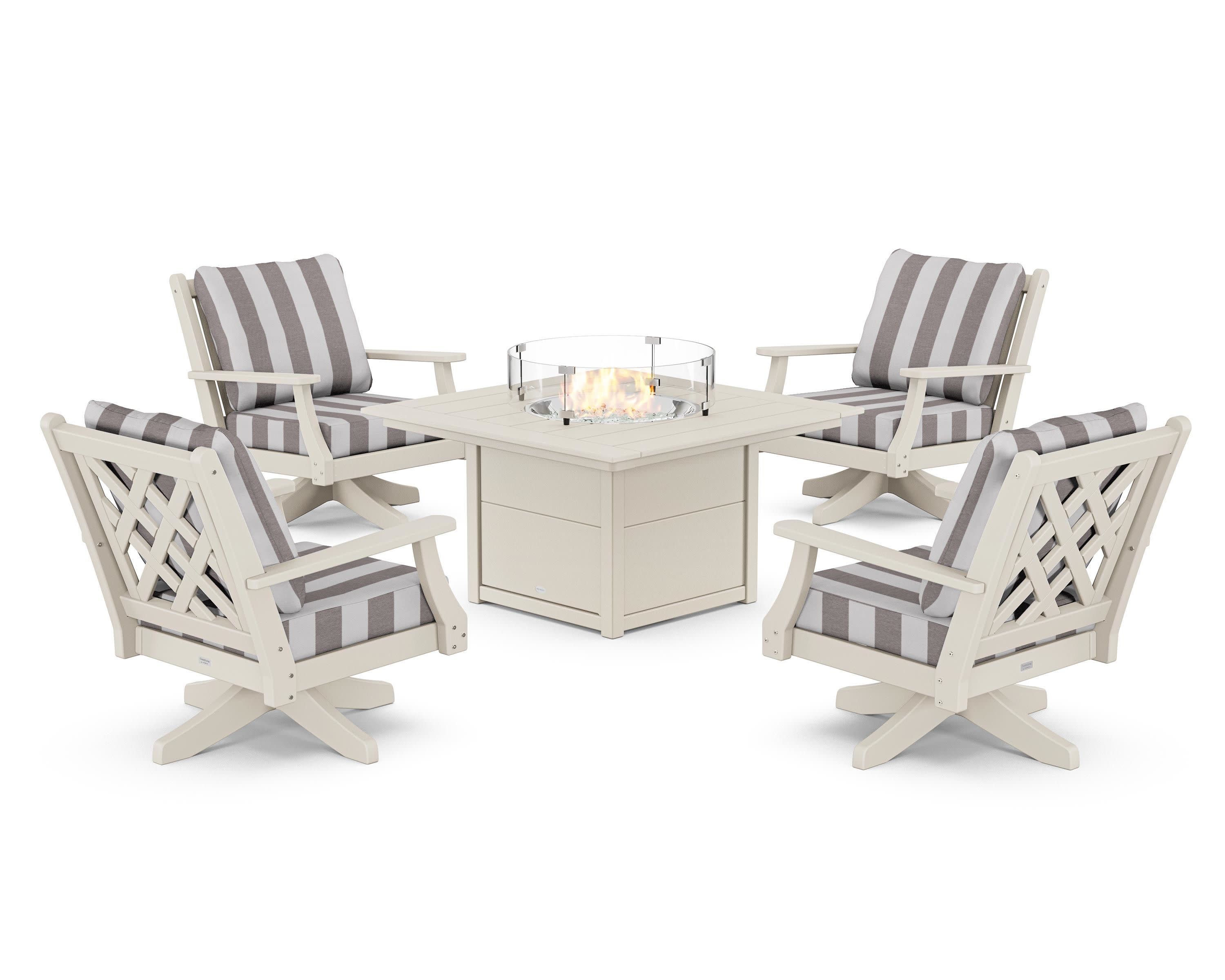 Wovendale 5-Piece Deep Seating Swivel Conversation Set with Fire Pit Table in Sand / Cabana Stripe Grey Mist