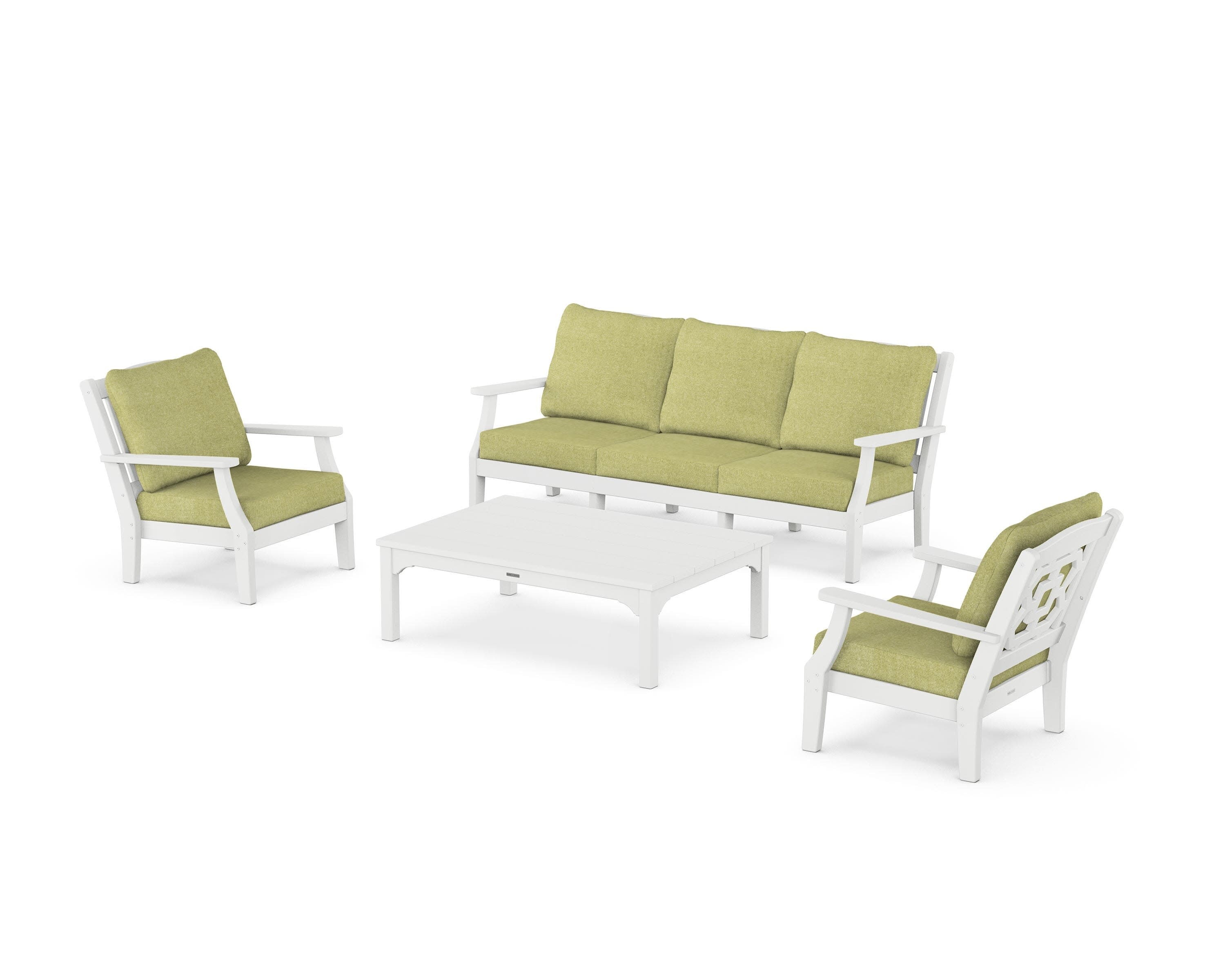 Chinoiserie 4-Piece Deep Seating Set with Sofa in White / Chartreuse Boucle