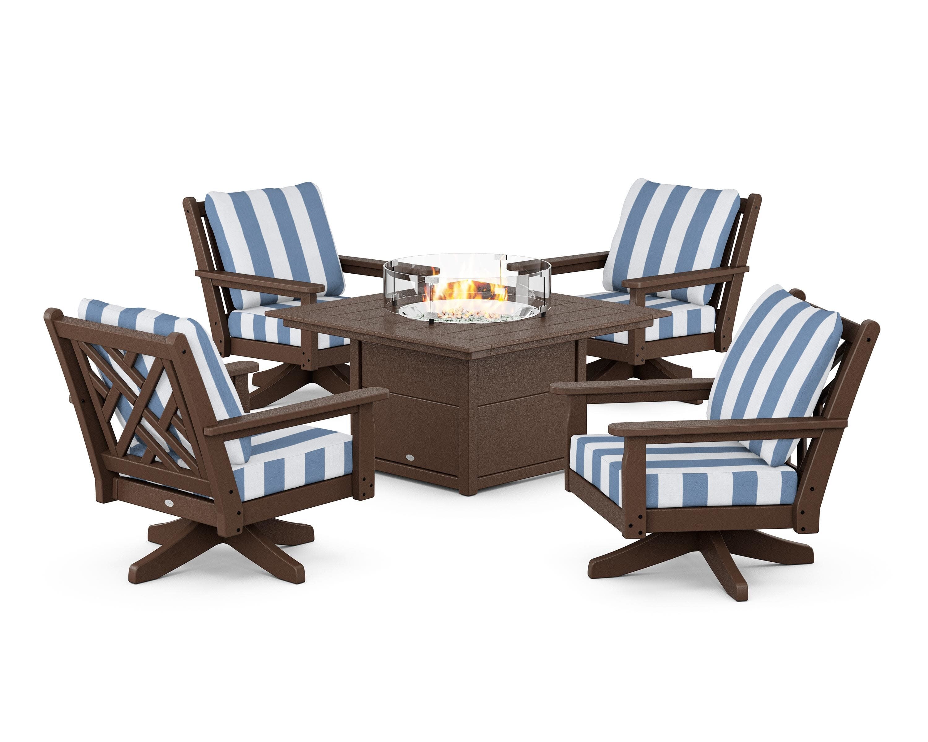 Chippendale 5-Piece Deep Seating Swivel Conversation Set with Fire Pit Table in Mahogany / Cabana Stripe Sky Blue