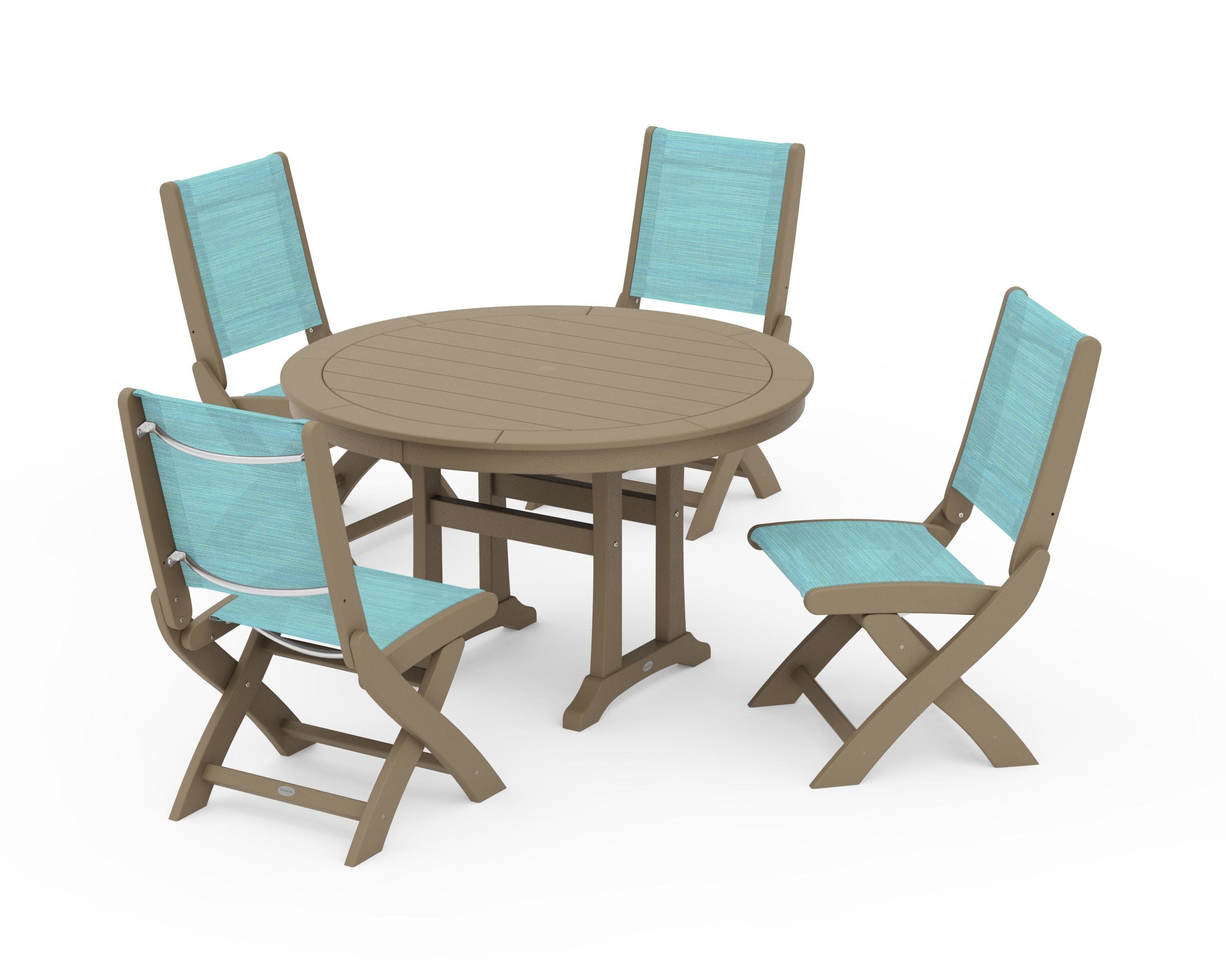 Coastal Folding Side Chair 5-Piece Round Dining Set With Trestle Legs in Vintage Sahara / Dupioni Aquamarine Sling